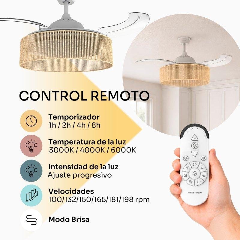 Detalle de Ventilador de Techo con Luz Mellerware Rattan Sand 30W 106 cm — 6 velocidades, motor DC y aspas retráctiles