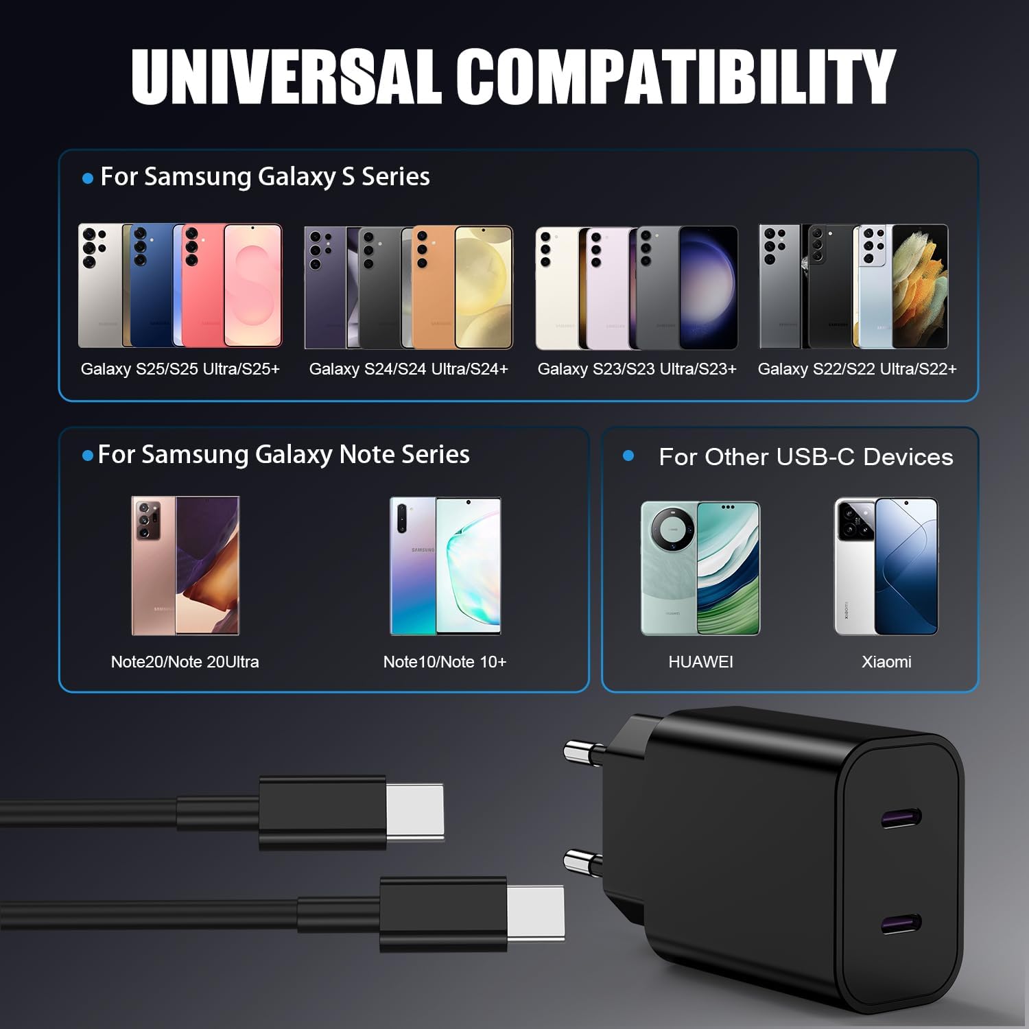 Thumbnail 6 de 45W USB-C Schnellladegerät mit 2 Ports und Kabelset für Samsung Galaxy (S26/S25/S24/S23/Ultra) – Netzteil + 1m & 2m Kabel