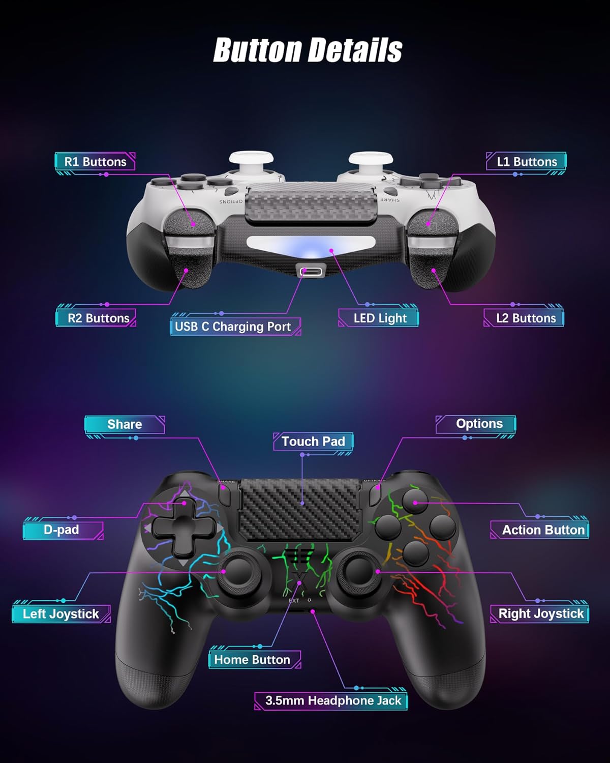 Thumbnail 2 de RUIZHI Controller LED Wireless per PS4 (PS4/Pro/Slim) e PC, 2 pezzi con batteria 1000 mAh e cavo USB‑C, nero e bianco