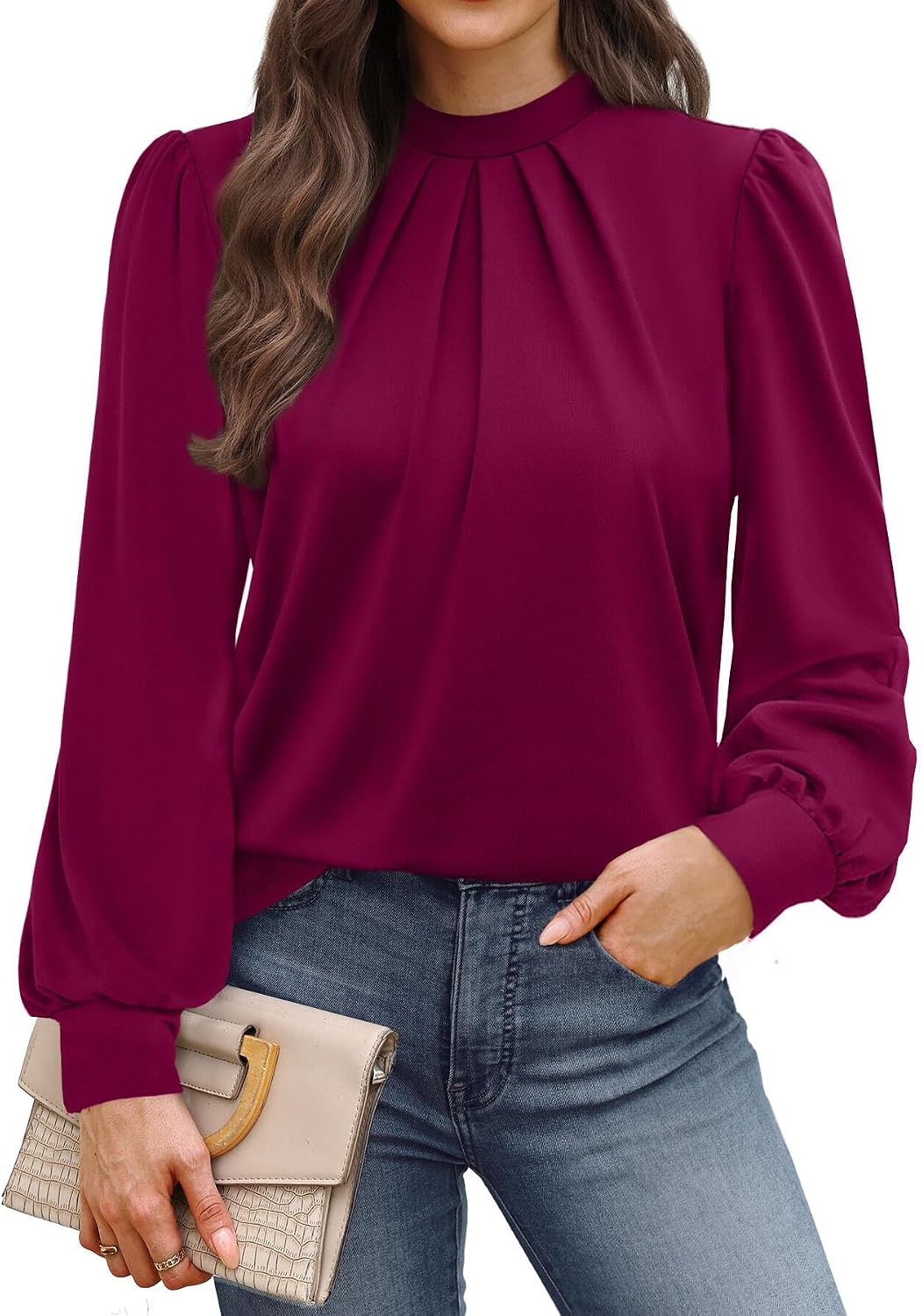 Detalle de WIHOLL Mock Neck Pleated Front Blouse