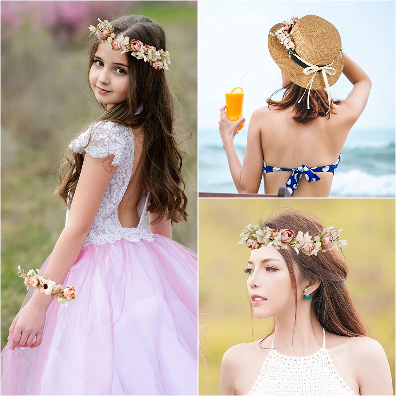 Thumbnail 5 de Hochzeitsgirlande Blumenkranz für Damen (rosa) – verstellbares Haarband mit Armband-Set