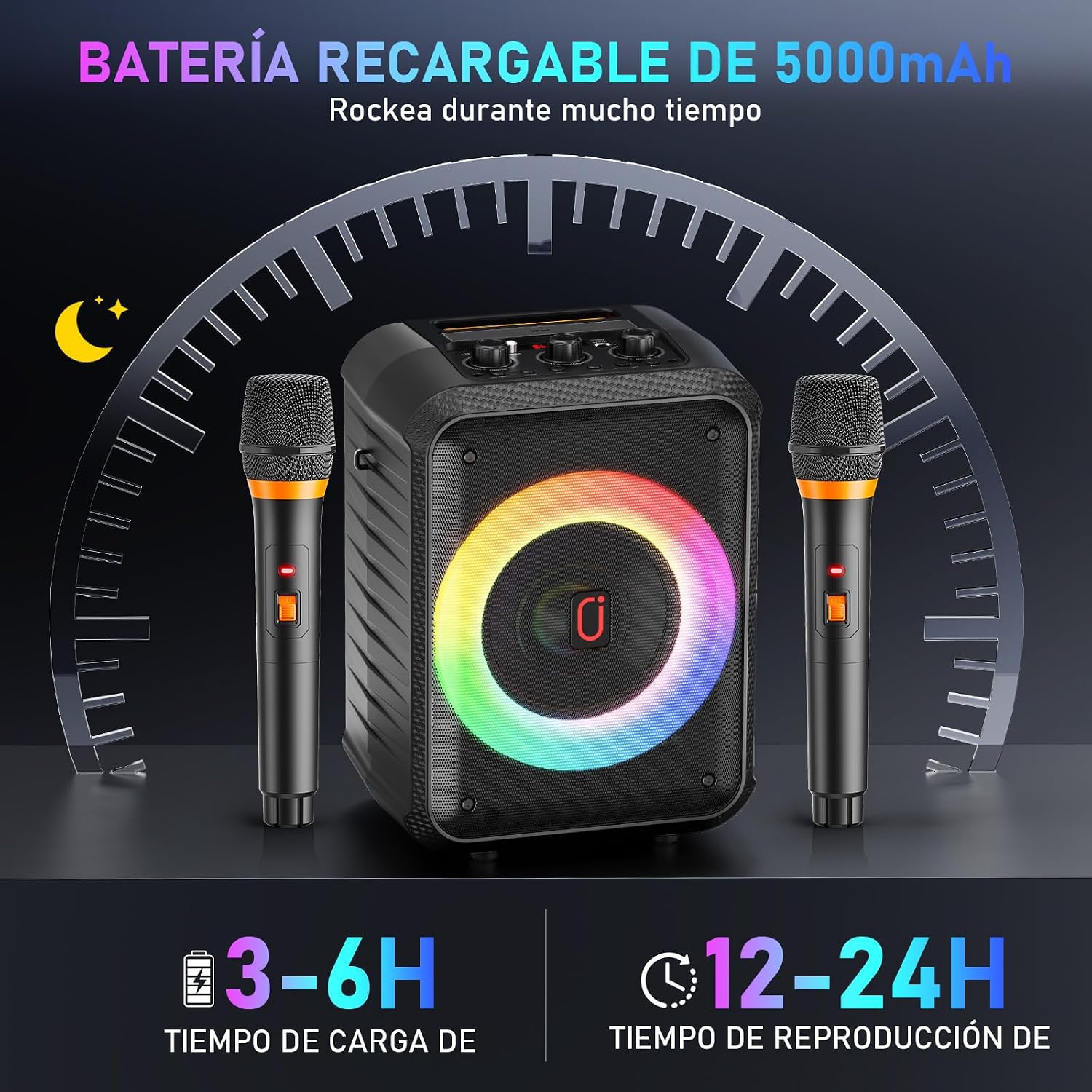 Detalle 2 de HWWR Máquina de karaoke: altavoz PA portátil con 2 micrófonos, luces RGB y Bluetooth 5.3