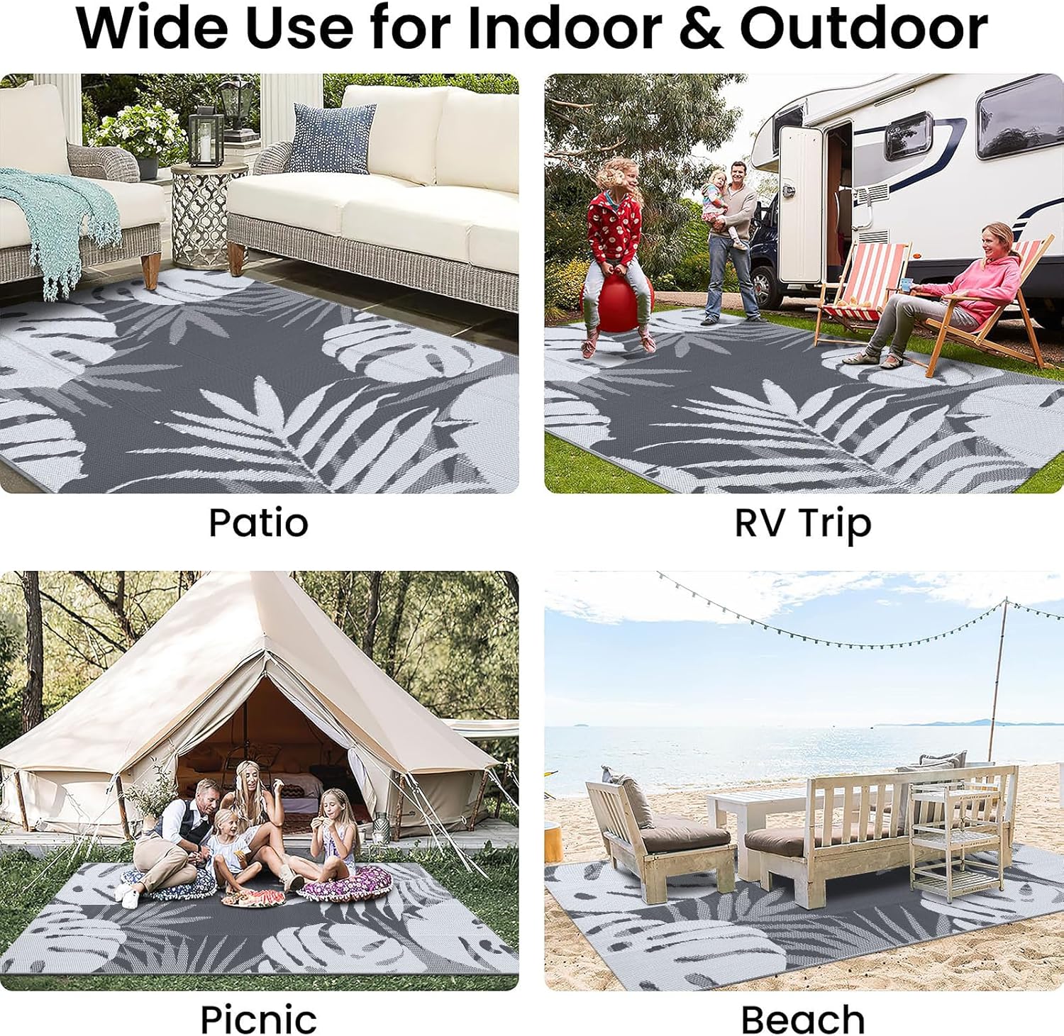 Thumbnail 5 de Homaxy Outdoor Teppich wetterfest aus Kunststoffstroh, faltbar & waschbar (240 x 300 cm) – weiß/grau, wendbar