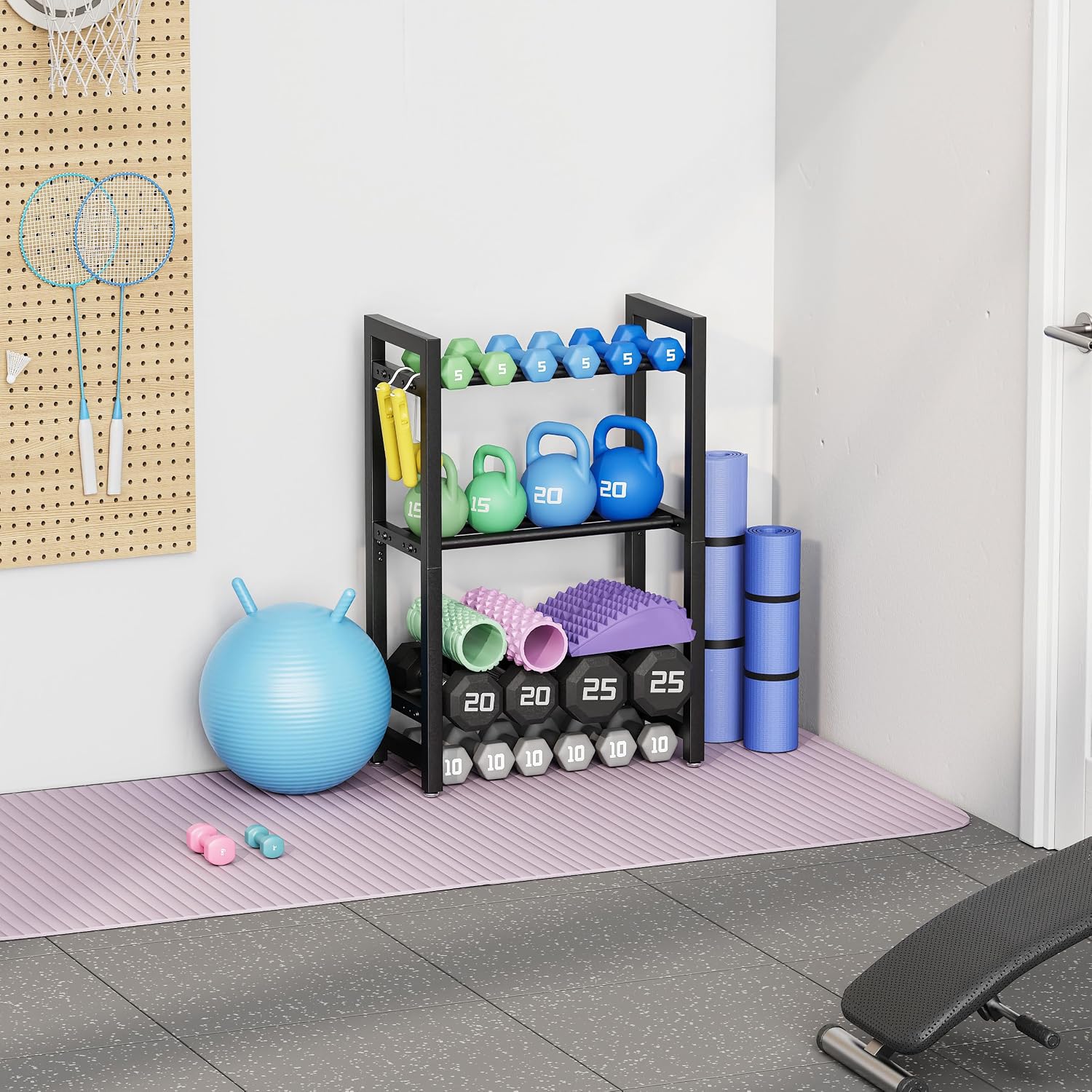 Detalle de Josmimic 3-Tier Dumbbell Rack, 20-Inch, Adjustable Spacing, Steel