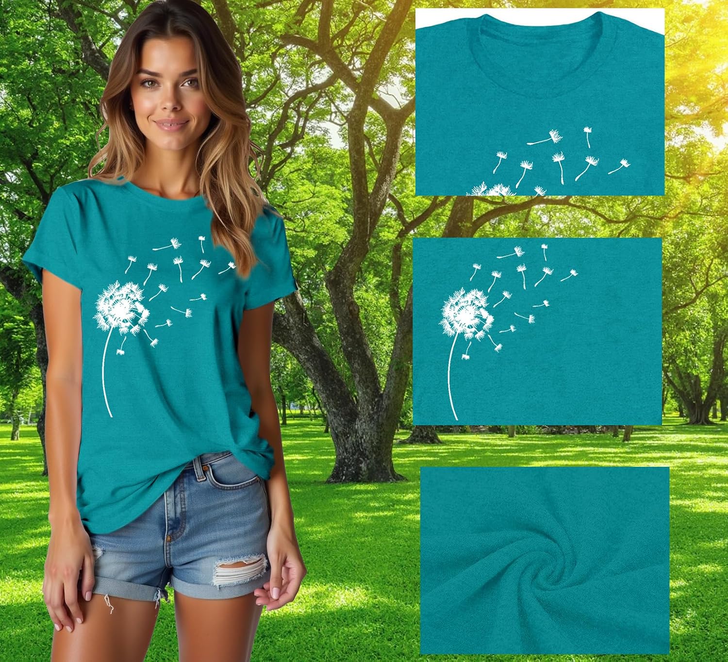 Detalle de Qskall Women’s Dandelion Flower T-Shirt – Casual Summer Tee in a relaxed fit