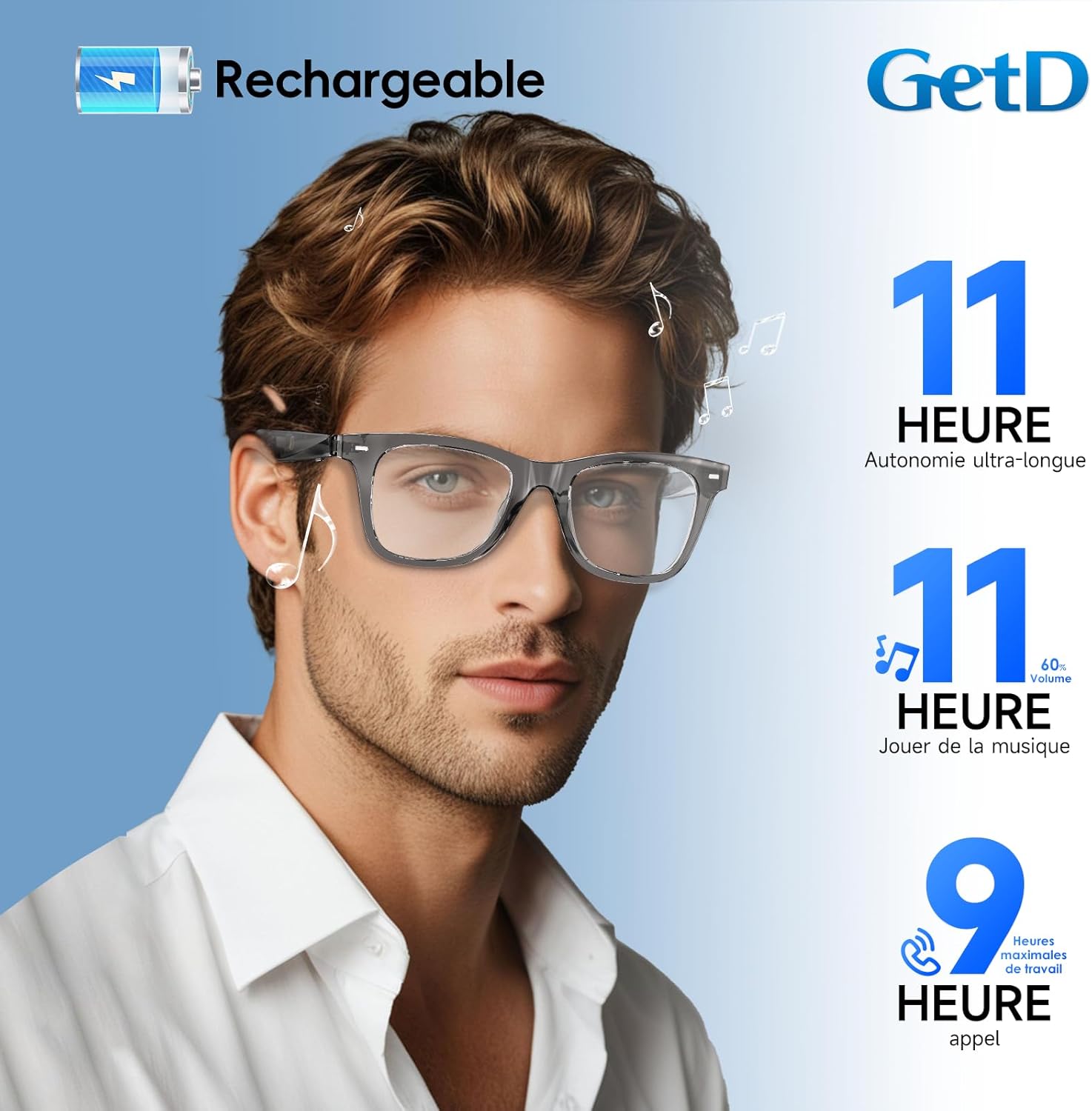 Detalle de Lunettes AI GetD: lunettes intelligentes 3 en 1 avec traduction IA et audio sans fil