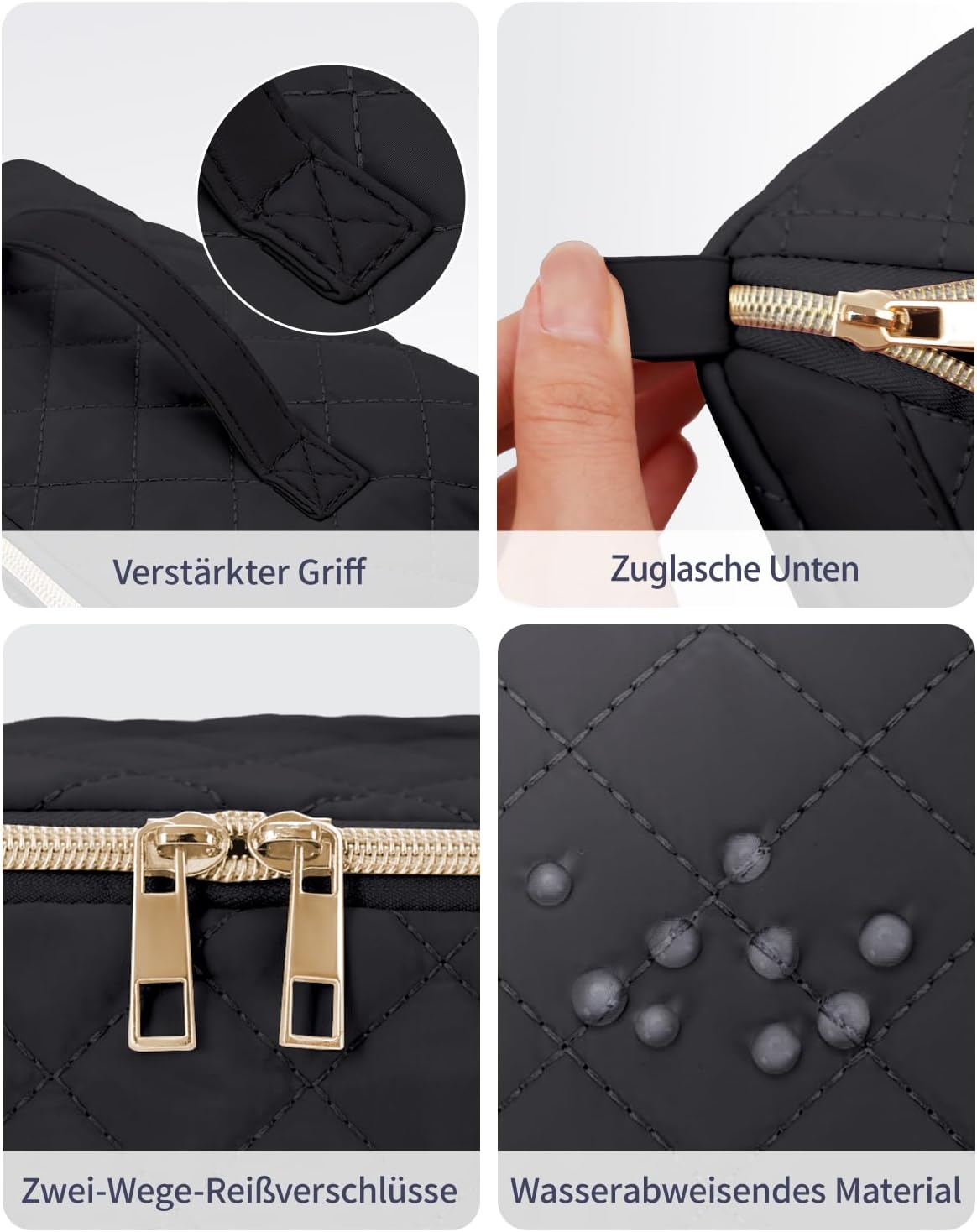 Detalle de Wandering Nature Kosmetiktasche Damen Reise Make Up Tasche mit Bürstenfach – Großes Fassungsvermögen, wasserdicht, Trenneinlage, Griff, Schwarz