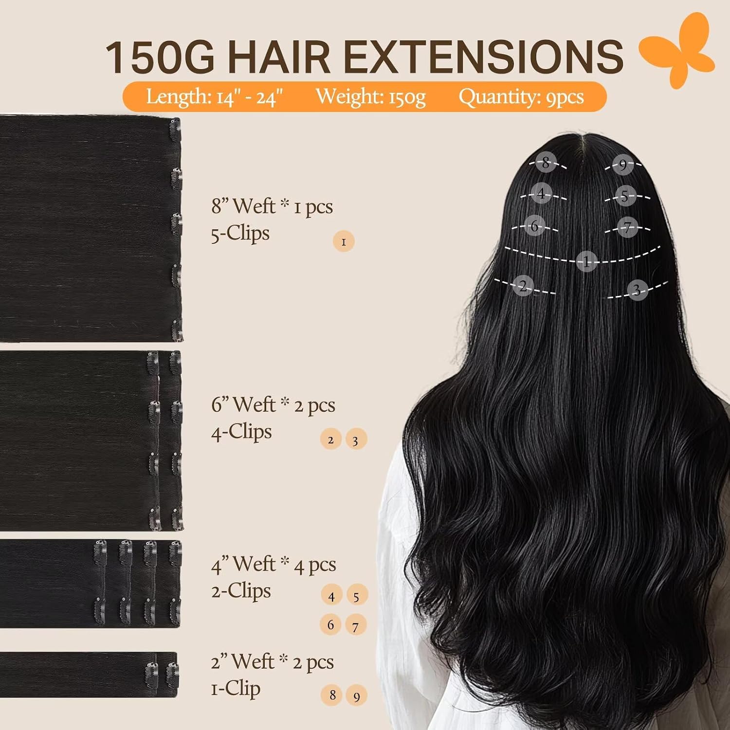 Thumbnail 1 de DOORES Natural Black 150g Clip-In Human Hair Extensions (9pcs, 16 Inch) – Invisible Flat Weft for Volume and Length