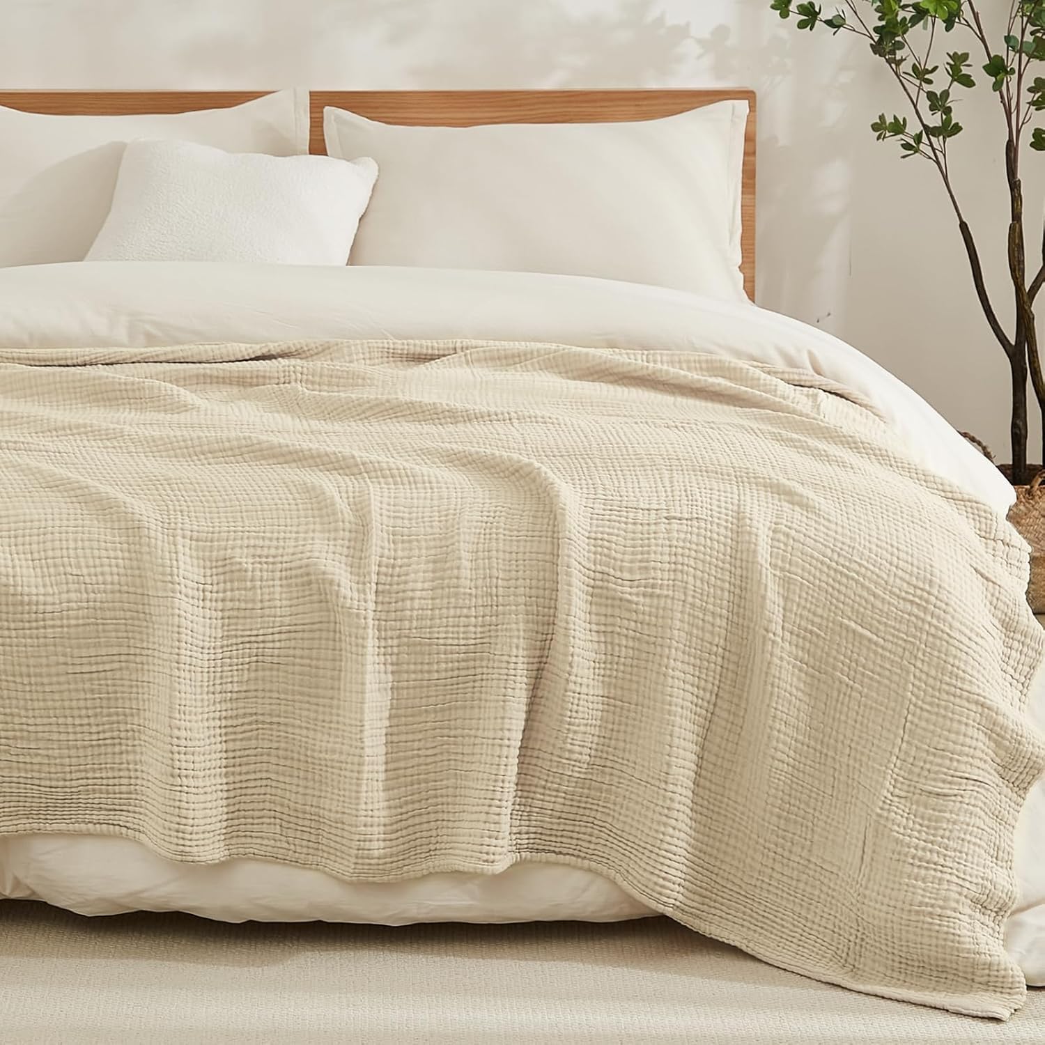 Detalle de EMME Cotton Blanket Queen Size: Soft Muslin, Breathable All-Season Bedspread 90x90 (Beige)