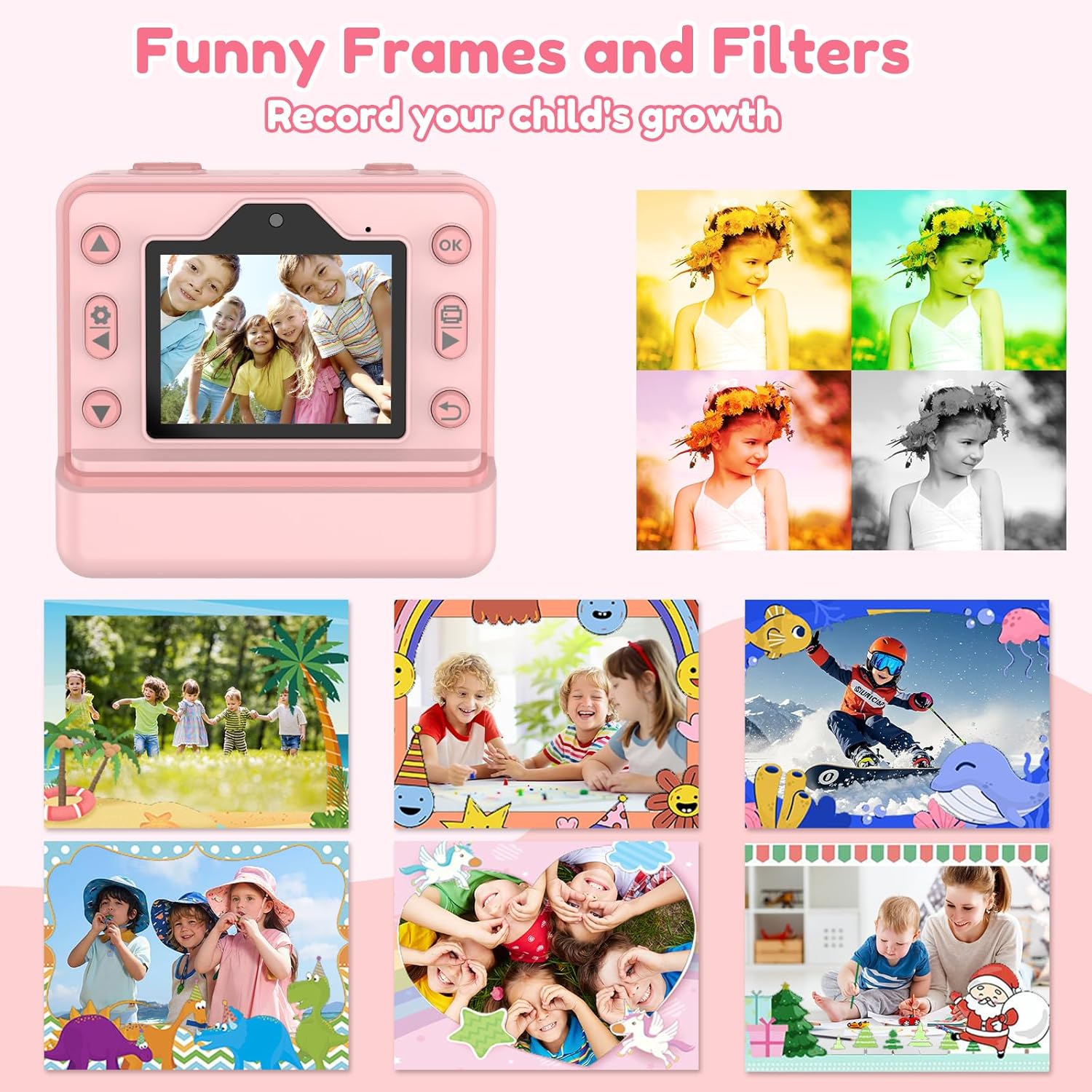 Thumbnail 2 de Kids Camera Instant Print: Dual Cam, 1080P Video, 3 Paper Rolls & 32GB Card (Pink)