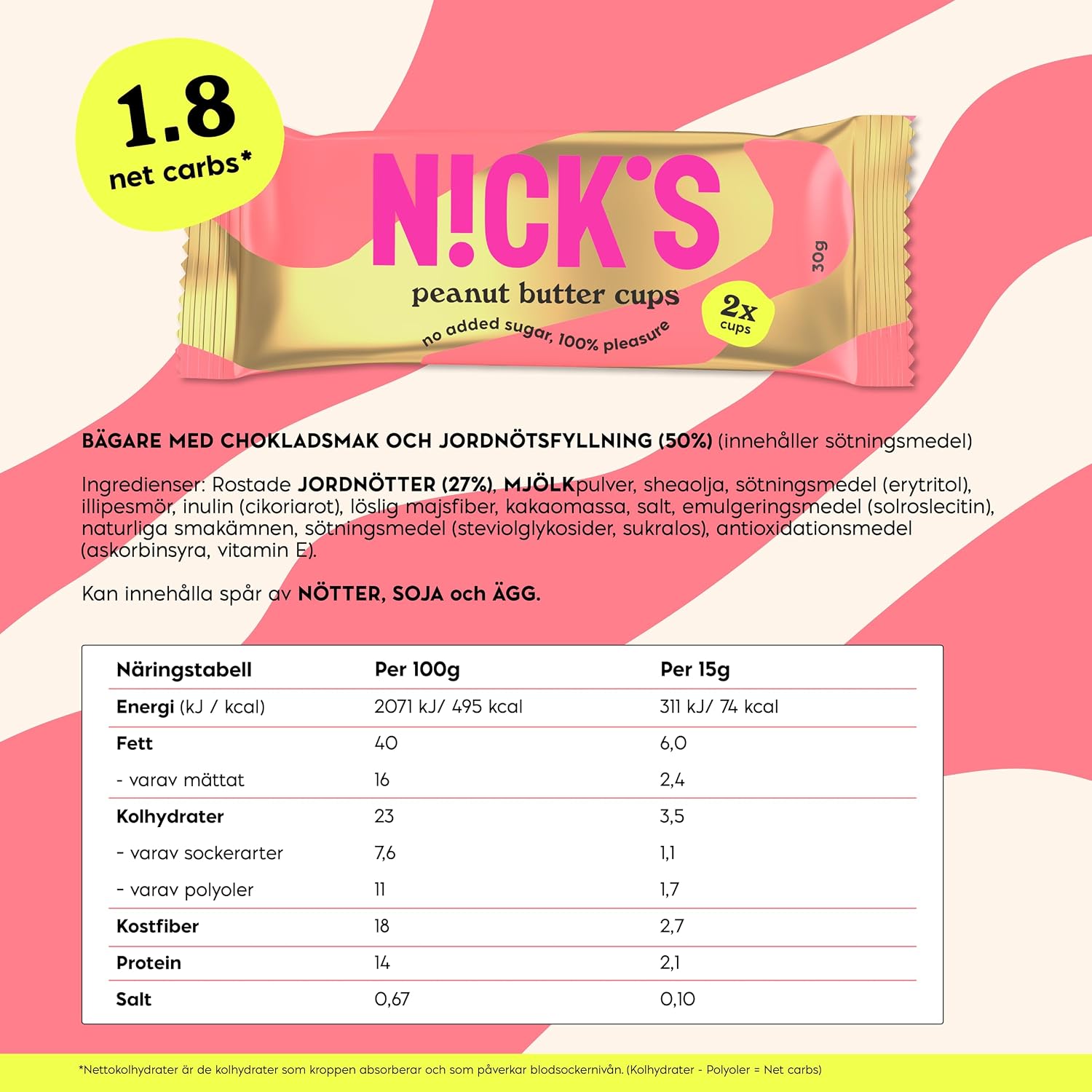 Detalle de N!CK'S Peanut Butter Cups, jordnötssmörskoppar utan tillsatt socker, 12 x 30 g