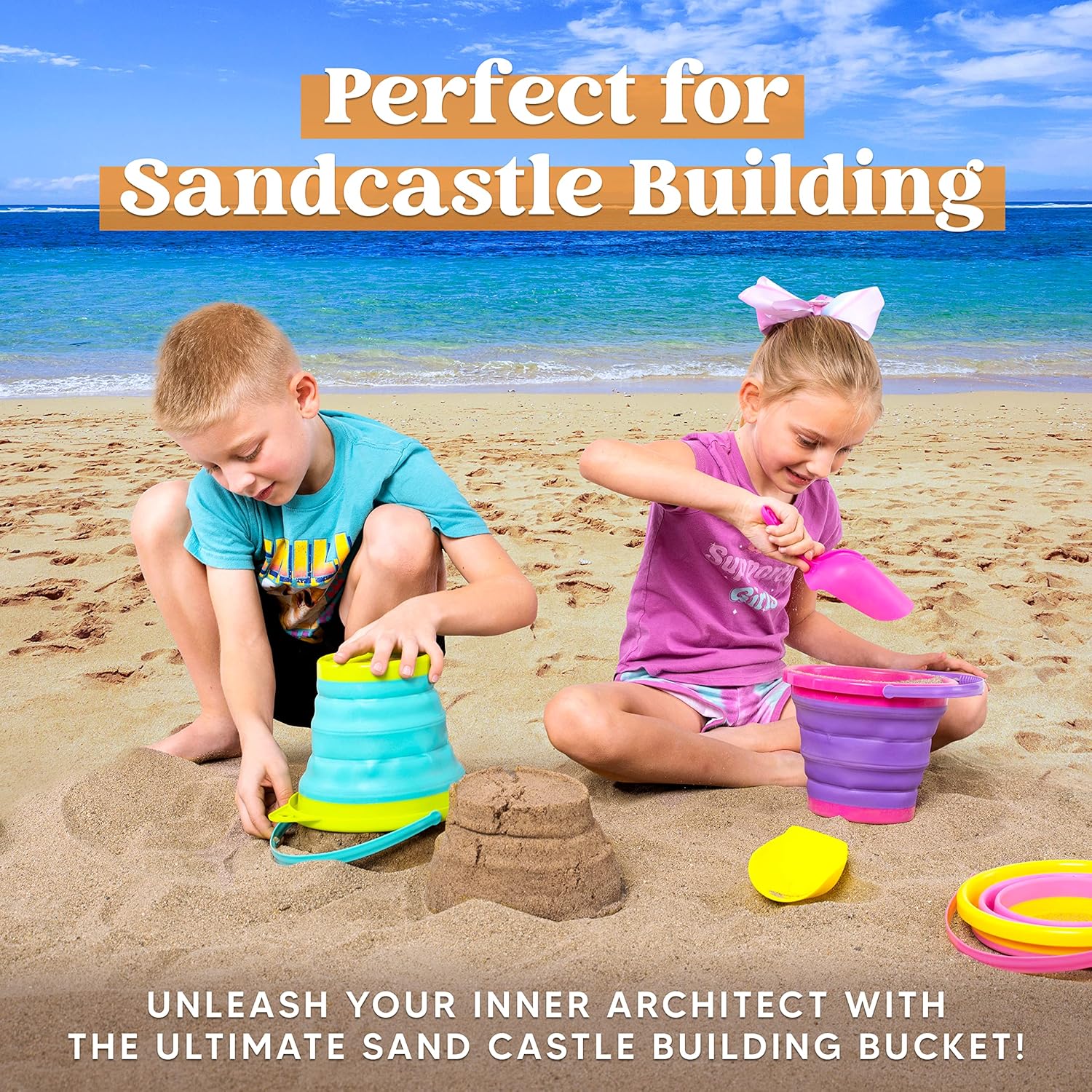 Thumbnail 1 de JOYIN 3er Set faltbare Strand-Eimer mit Netz-Rucksack – Sandkastenspielzeug für Kinder