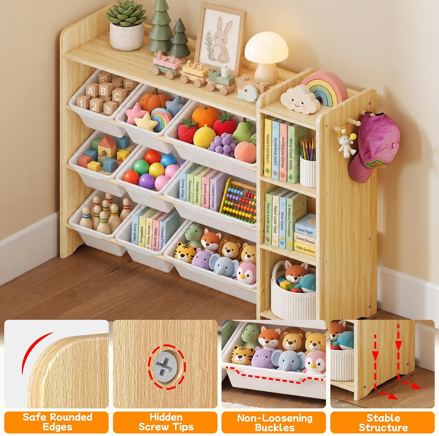 Detalle de GITAWUSA Kids Toy Storage Organizer, 3-Tier Shelf with 9 Bins, White and Natural Wood