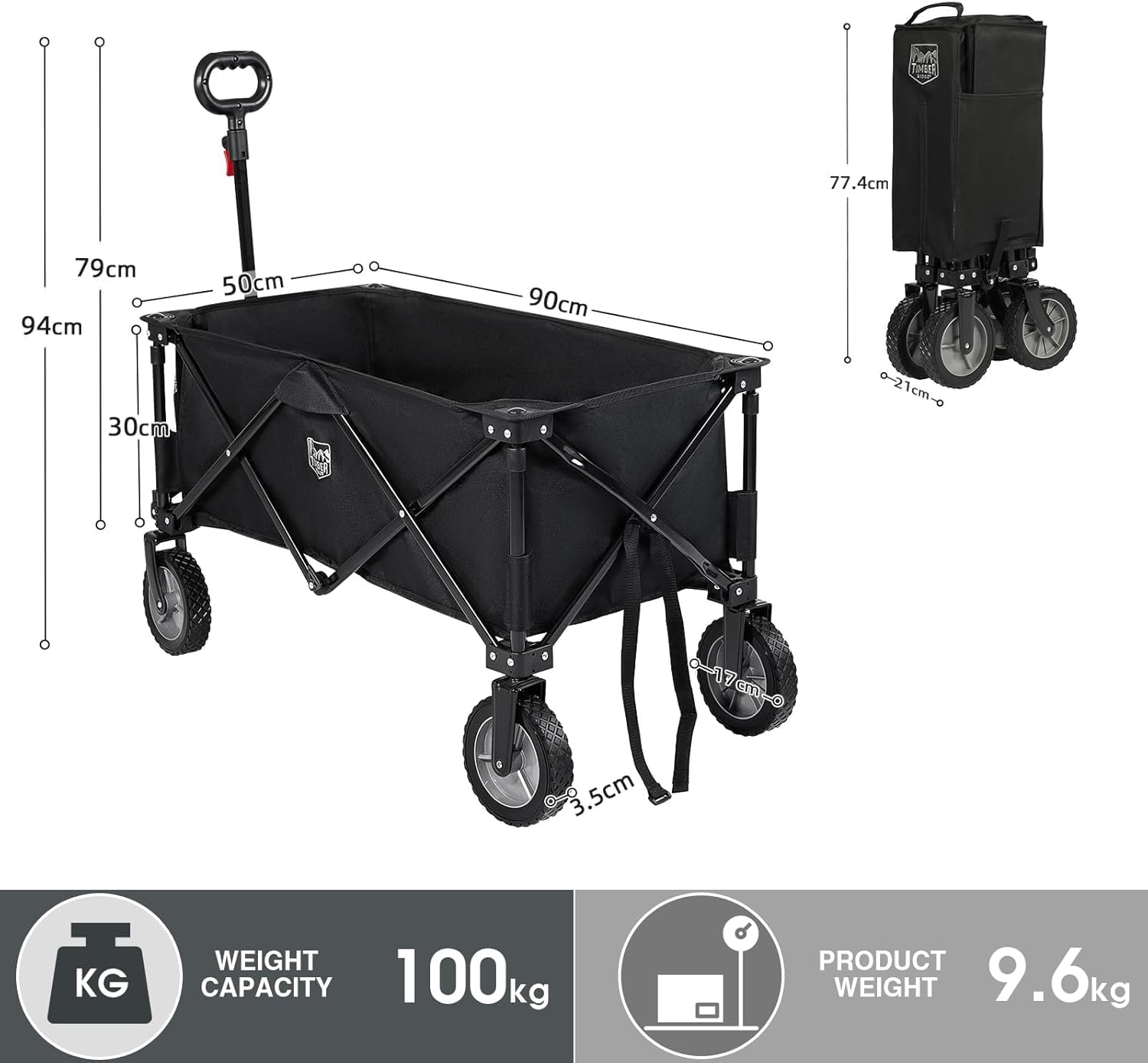 Thumbnail 4 de TIMBER RIDGE Festival Trolley on Wheels (200L) folding camping wagon with adjustable handle & cup holder, black