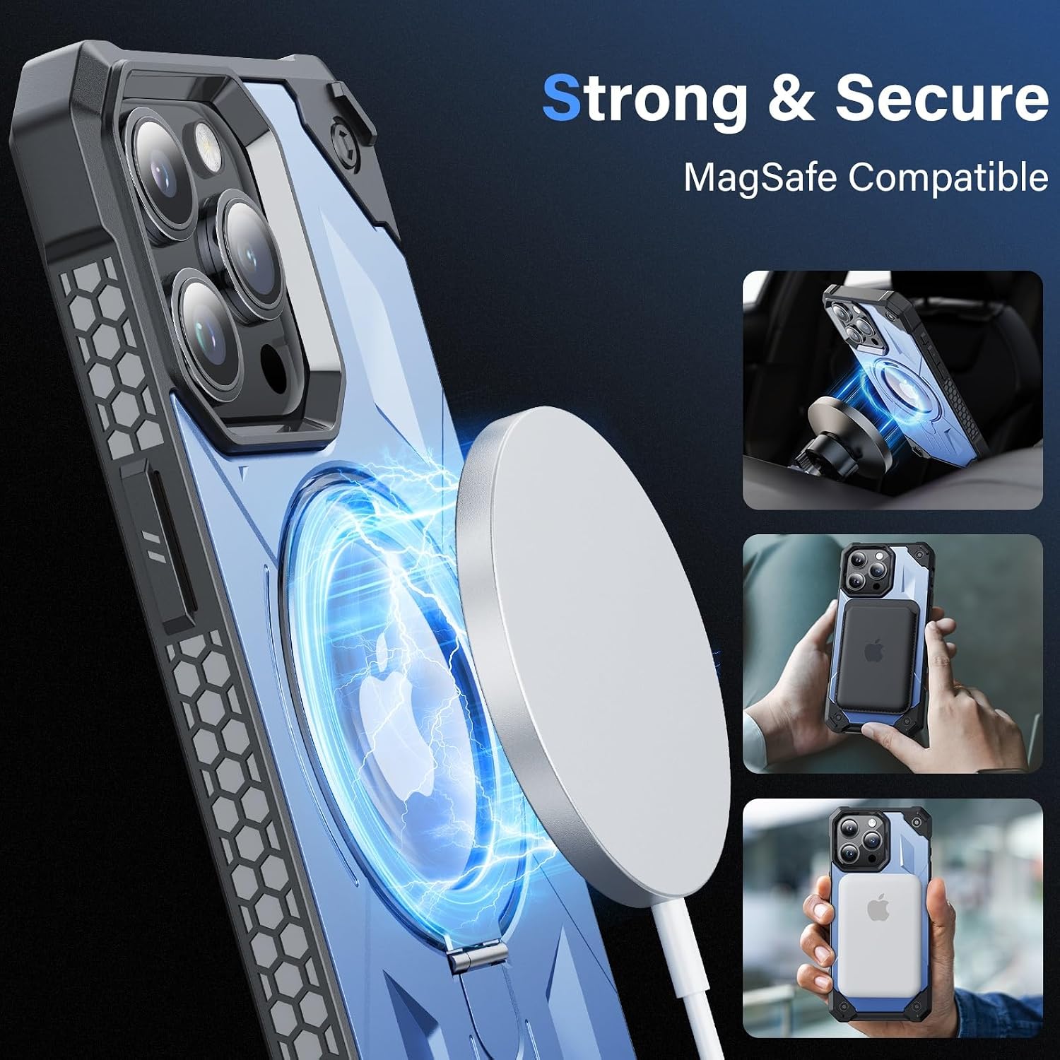 Detalle 2 de Sibada Hülle für iPhone 15 Plus – Blau mit verdecktem Metall Kreisständer und Logo sichtbar