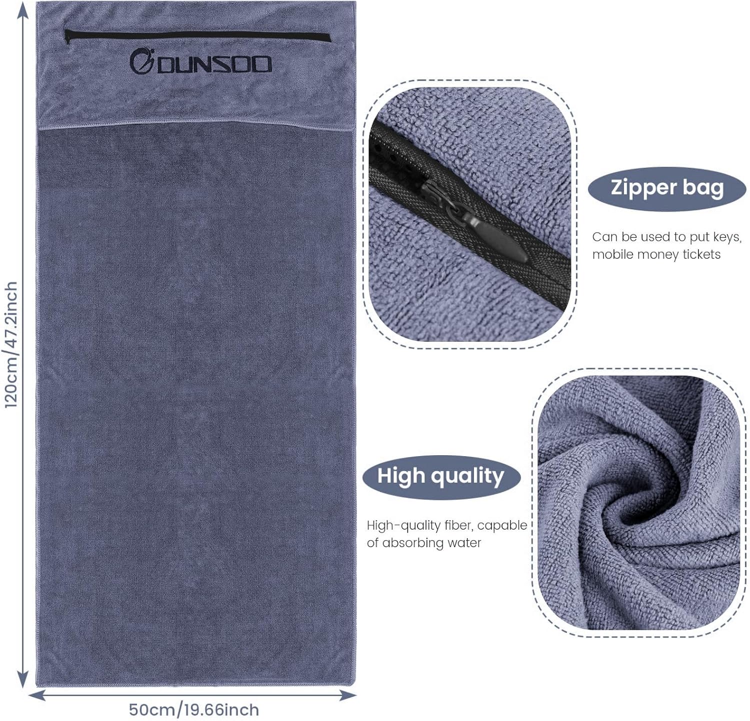 Detalle de Dunsoo Asciugamano Fitness I 120x50 cm: microfibra assorbente con tasca con zip per palestra