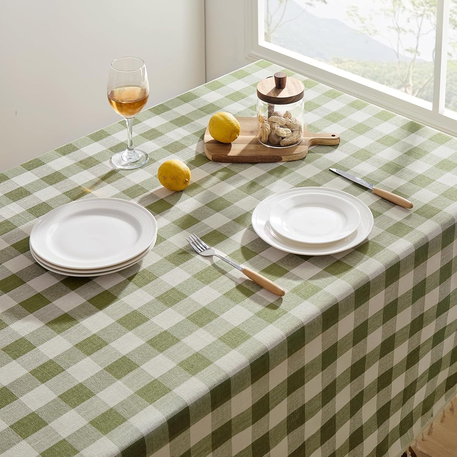 Thumbnail 2 de Softalker Outdoor Checkered Tablecloth with Tassels – 55 x 84 Inch Linen-Cotton Gingham (Sage) for 6-Foot Rectangular Tables