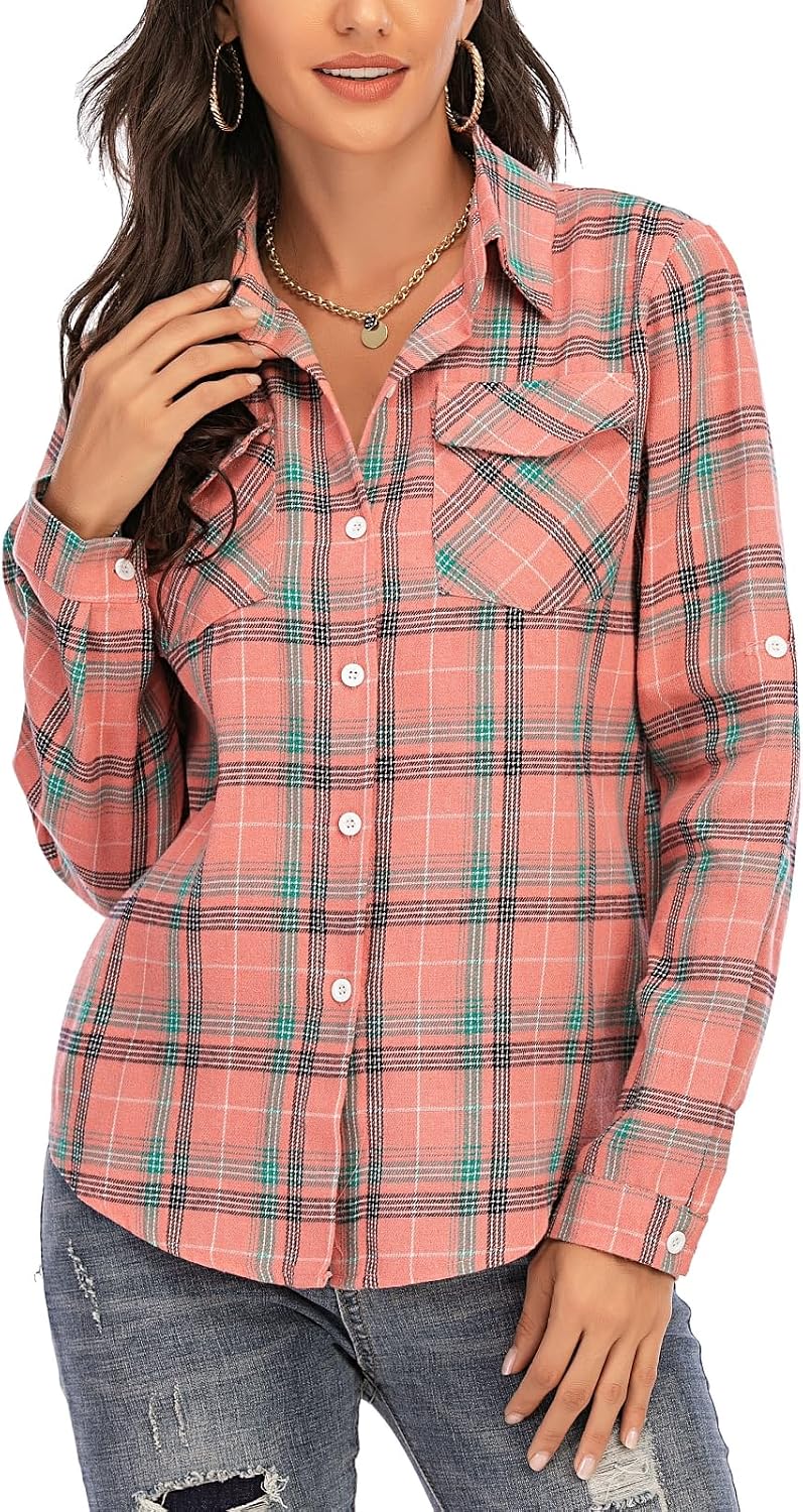 Detalle de Yukiuiny Women's Flannel Plaid Shirt – 100% Cotton, Long Sleeve Button-Down