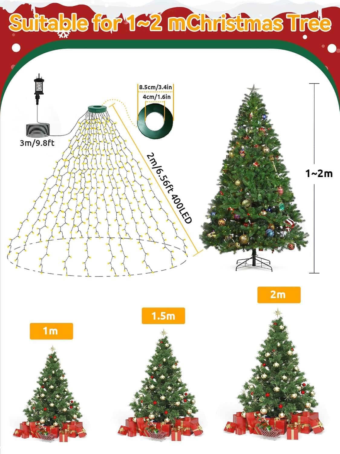 Detalle de Joycome JK-EU-YHW kerstboomverlichting met 400 warmwitte leds en 8 lichtmodi