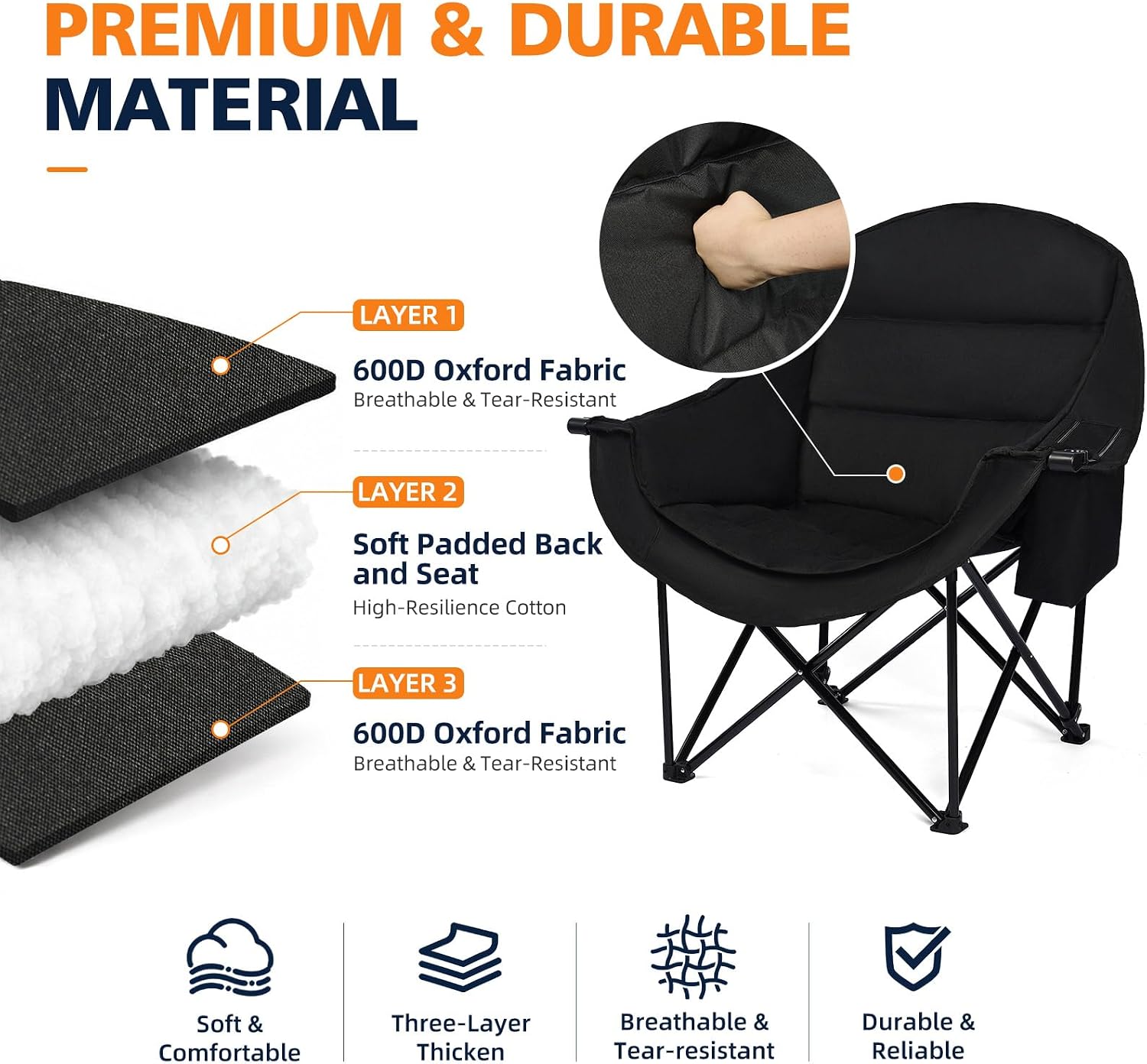 Detalle de DasEpic PW-RC739Ha2-Allblack Oversized Folding Camping Chair, Padded, 500 lb