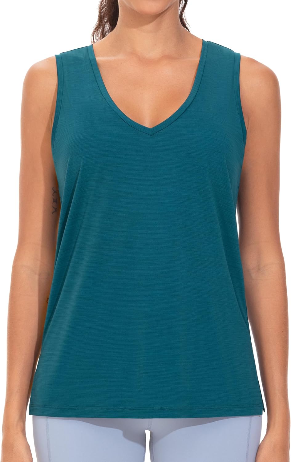 Detalle de THE GYM PEOPLE Canottiera da donna con scollo a V, spacchi laterali, asciugatura rapida