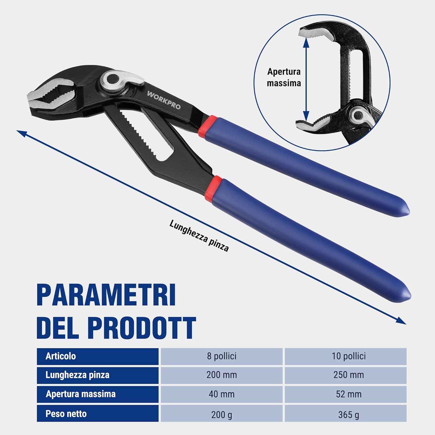 Thumbnail 5 de WORKPRO Pinze Regolabili per Tubi e Dadi 2 Pezzi (200 mm e 250 mm) – Impugnatura ergonomica e regolazione fine