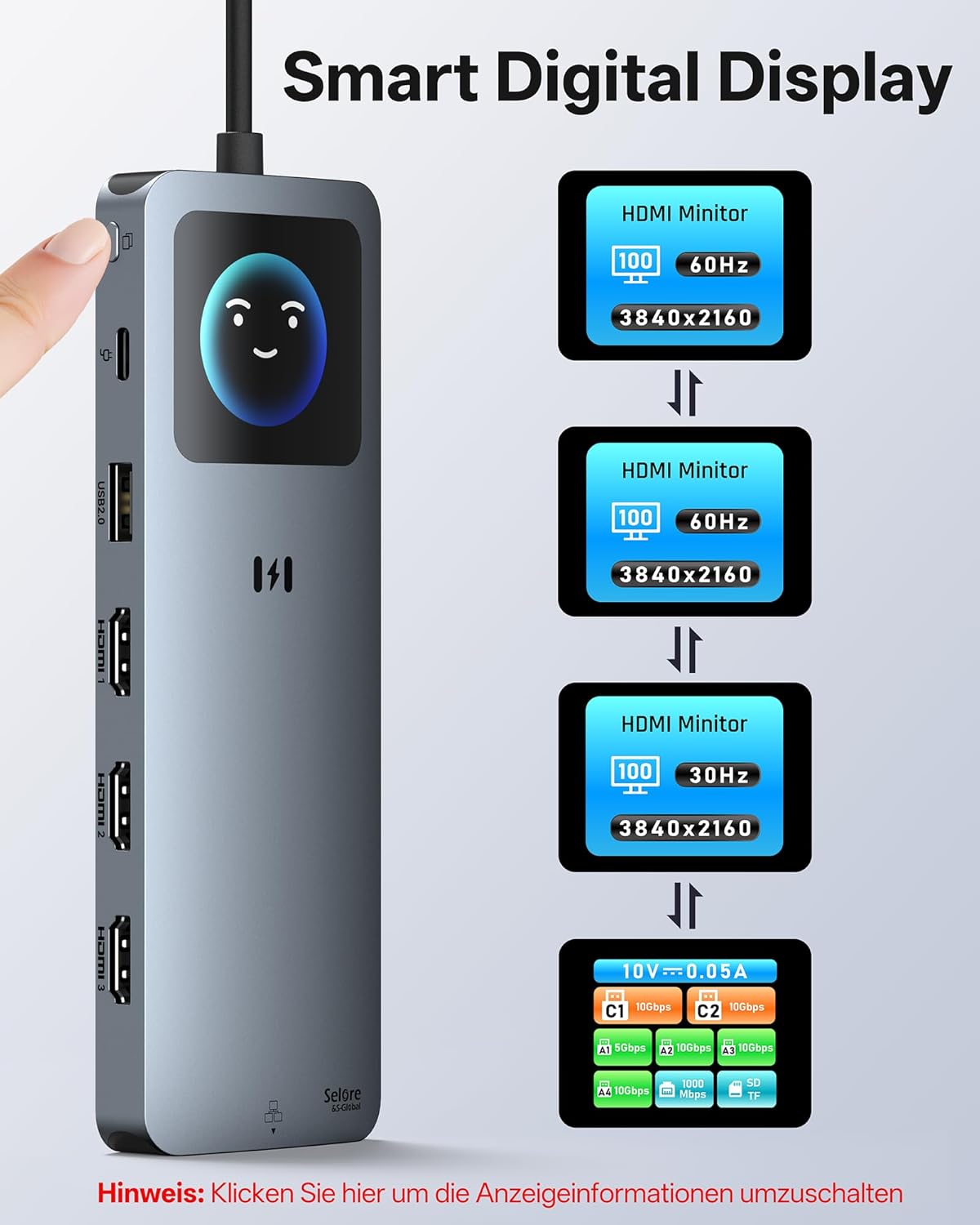 Detalle de USB-C Docking Station 13-in-1 mit 3 HDMI-Anschlüssen – Triple-Display, 2,5G Ethernet, 100W PD