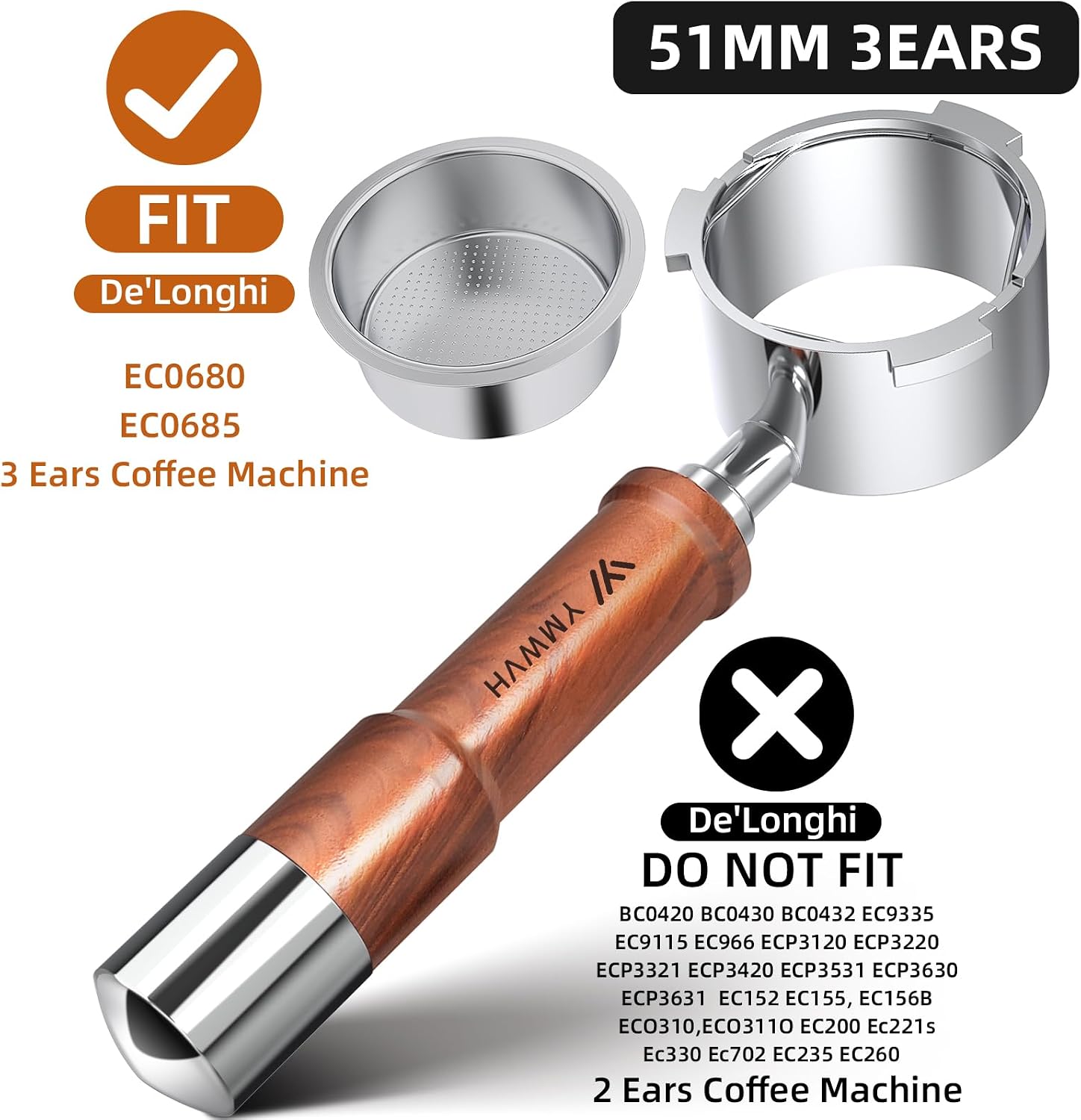 Detalle de Bodenloser Siebträger 51mm 3 Ears für DeLonghi