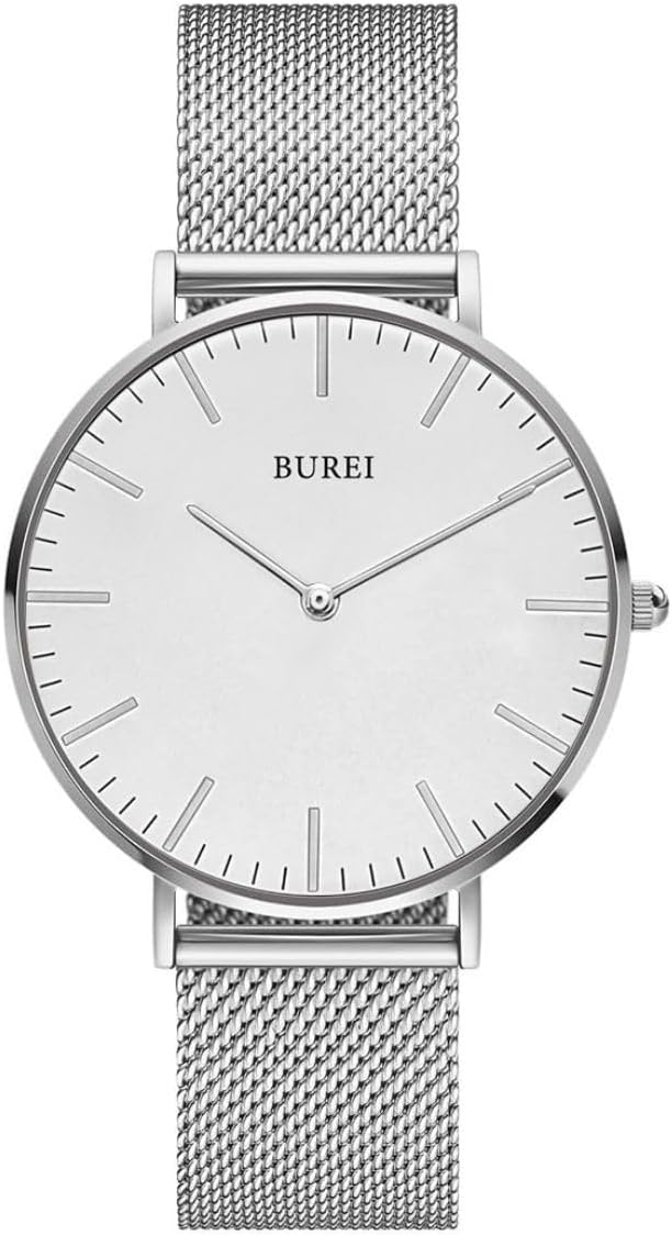 Detalle de BUREI orologio ultra sottile Demen minimalista analogico al quarzo giapponese, bianco e oro con bracciale in maglia d’acciaio inox