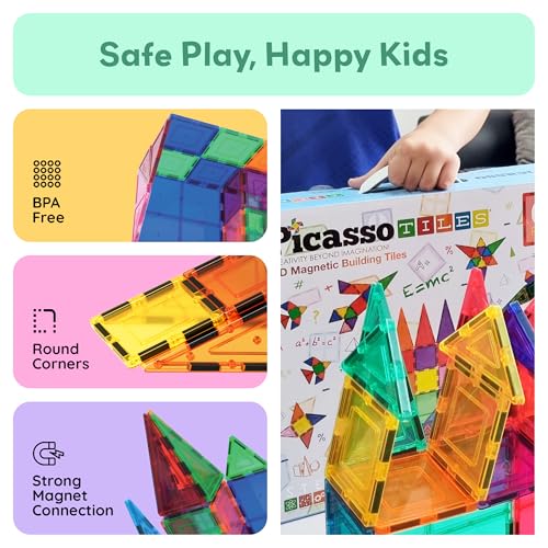 Detalle 2 de PicassoTiles 100 Piece Magnetic Tiles: Clear 3D Building Blocks for Kids 3+