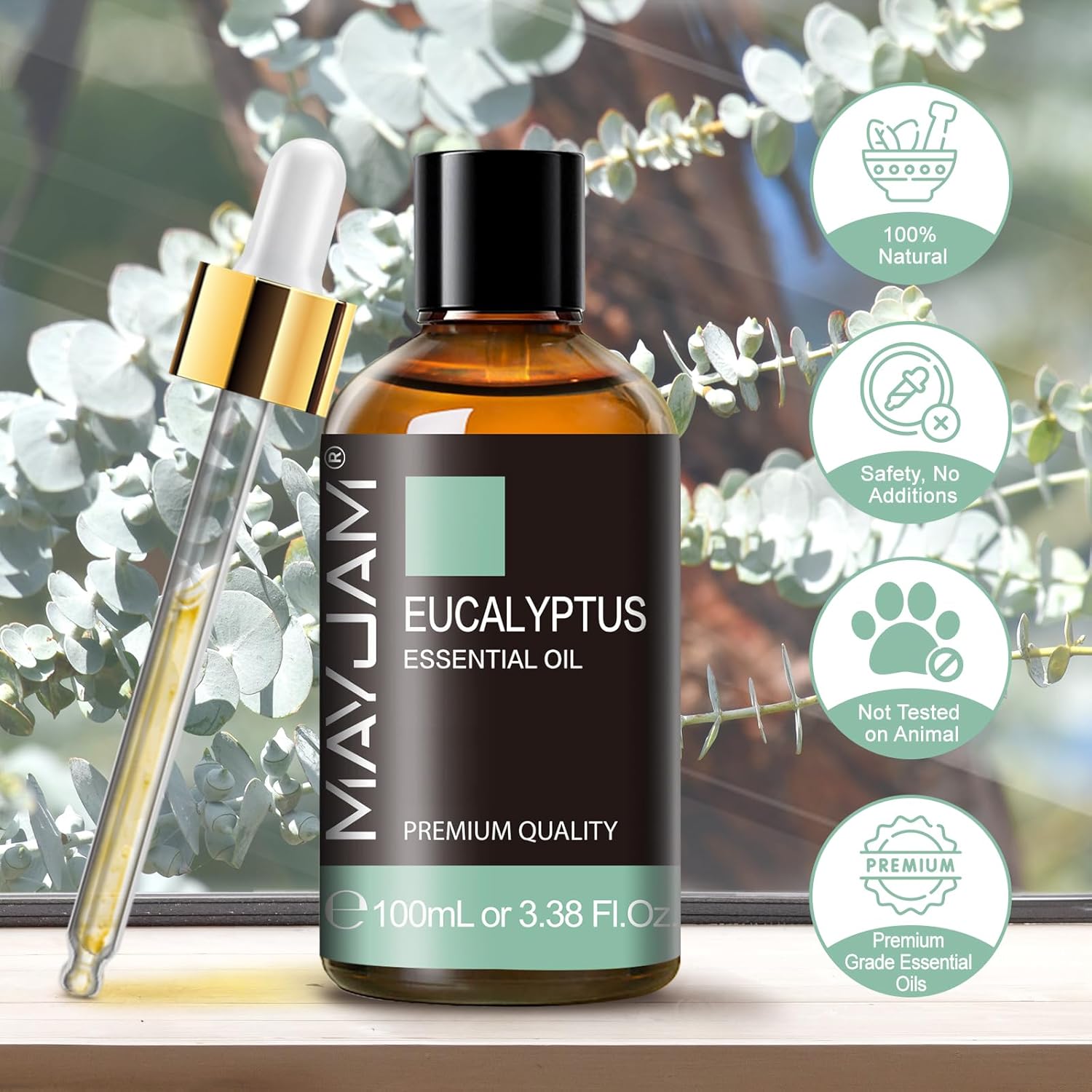 Detalle 2 de Ätherisches Eukalyptusöl 100 ml von MAYJAM – Rein, vielseitig einsetzbar für Atemwege und Aromatherapie