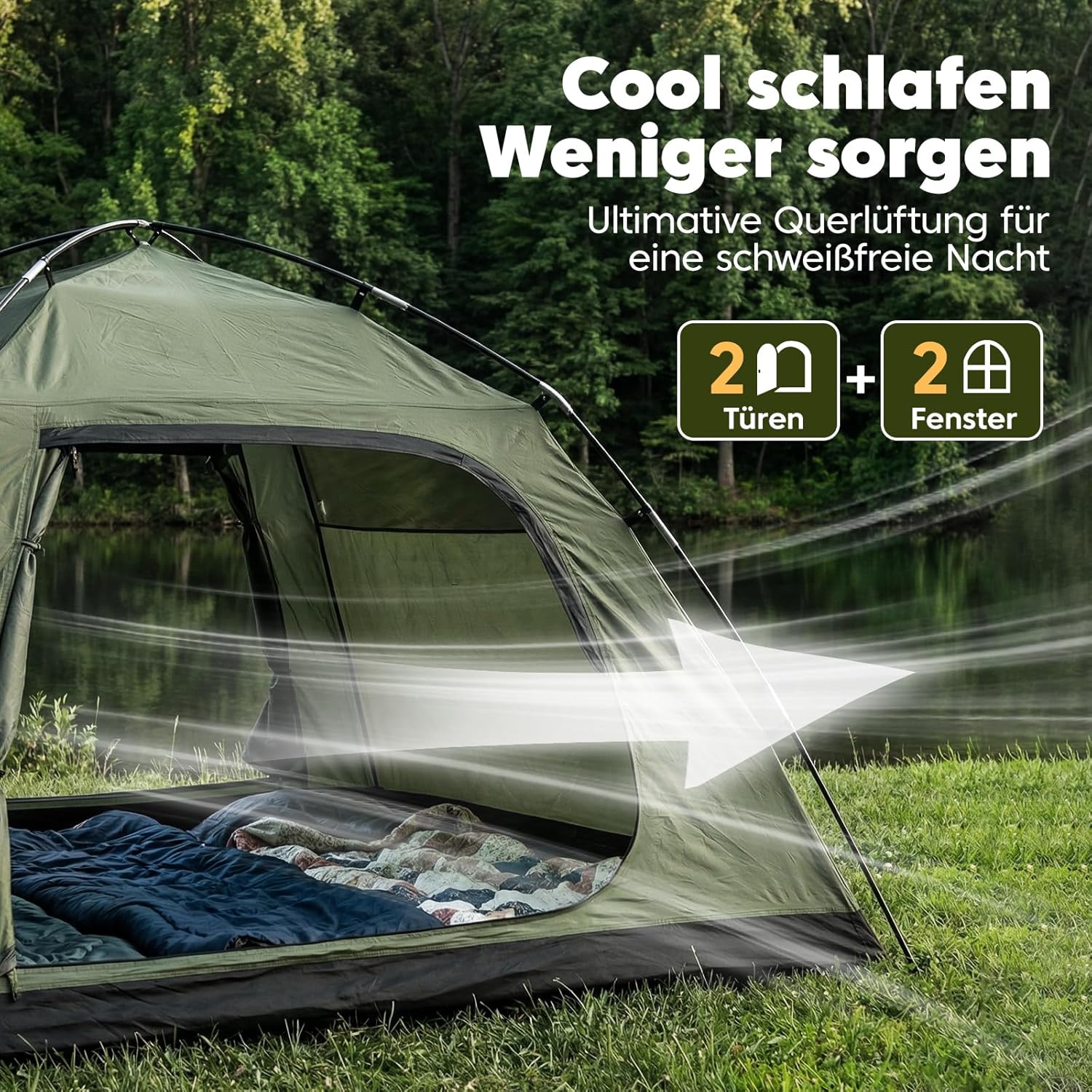 Detalle 2 de Purebox Zelt Campingzelt 4 Personen – stabiles Stangenzelt, wasserdicht & windstabil, Armygrün