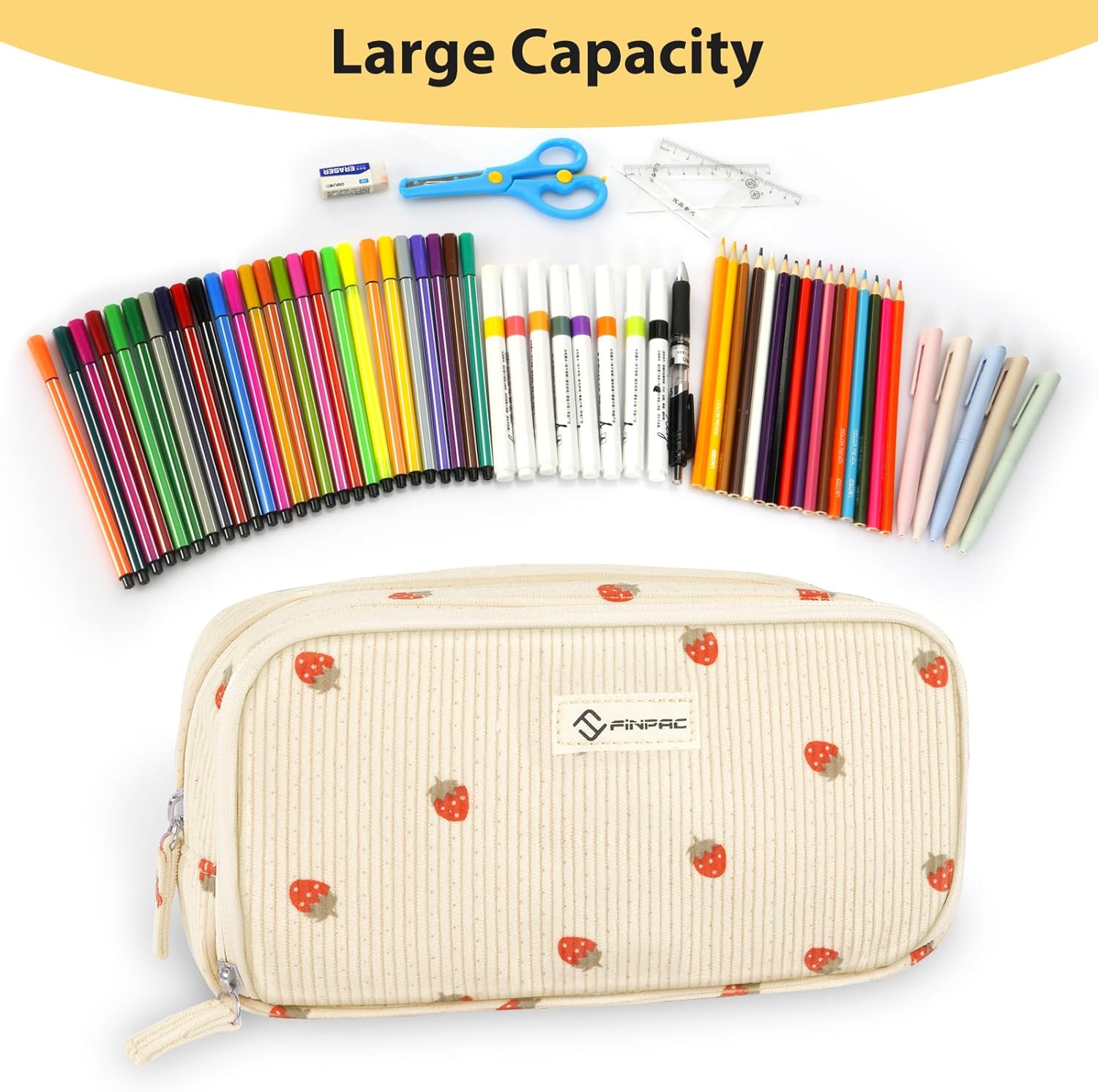 Detalle de FINPAC Pencil Case: Double-Layer Corduroy 3-Compartment Case for Heavy Paperwork and Pens