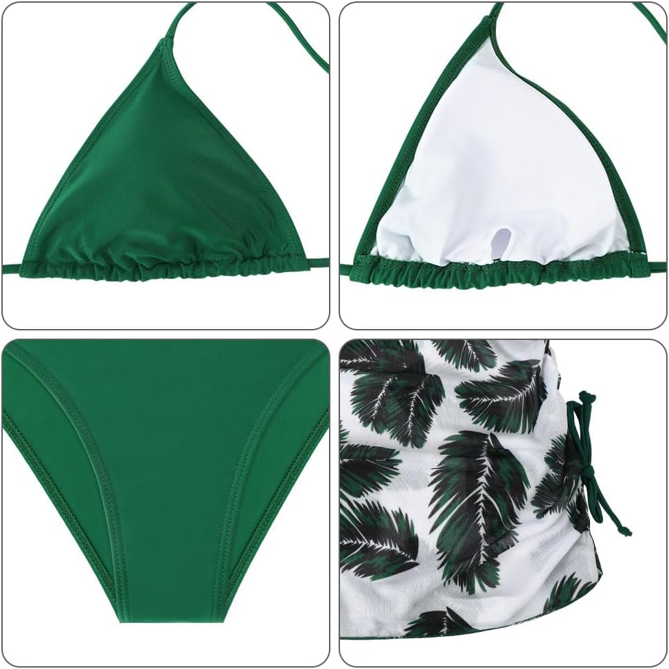 Thumbnail 5 de Aolso Girls’ Swimsuit Set, 3 Bikini Tops, Tanga Bottom with Skirt, Blue/Green