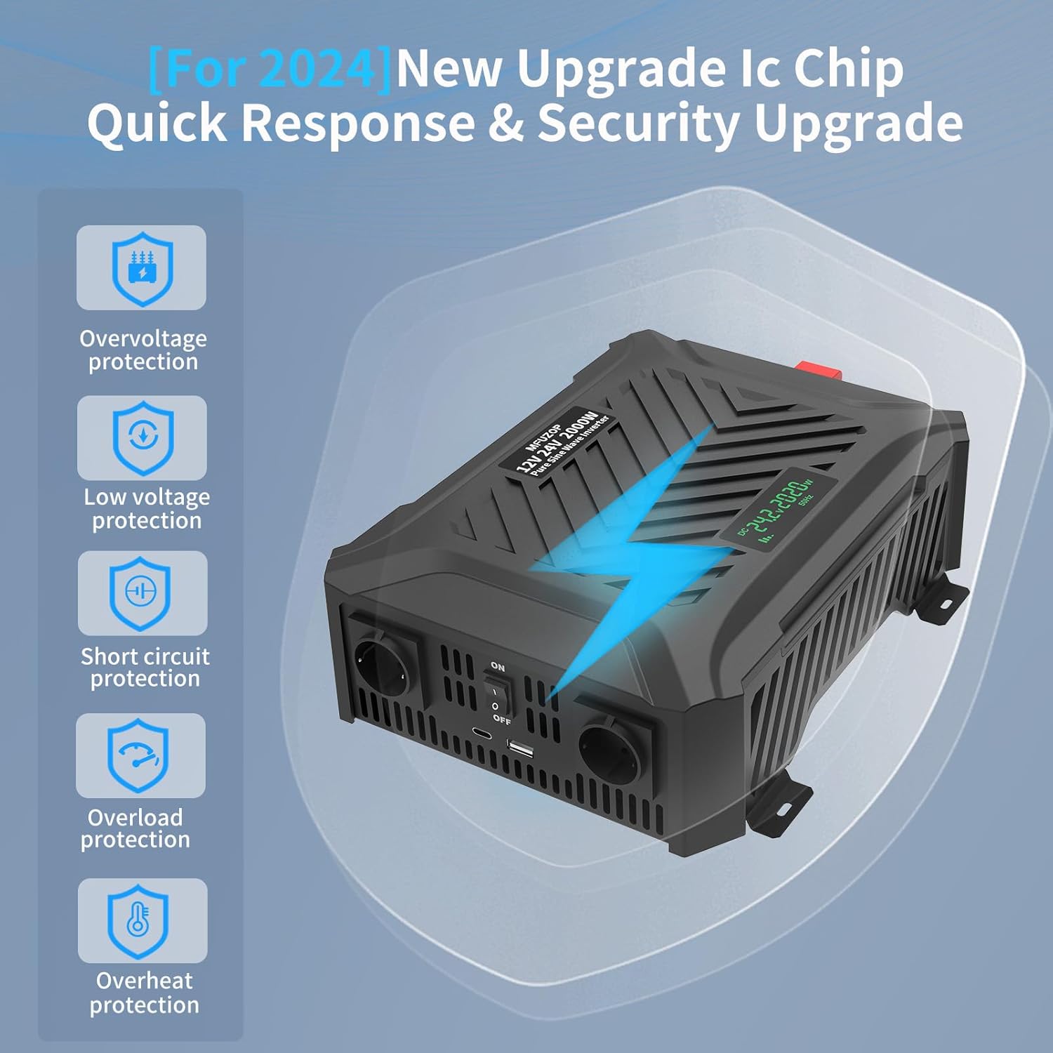 Detalle de MFUZOP Inverter onda sinusoidale pura 12/24V DC → 220/230V AC, 2000W (picco 4000W) con LCD e porte USB/Type‑C