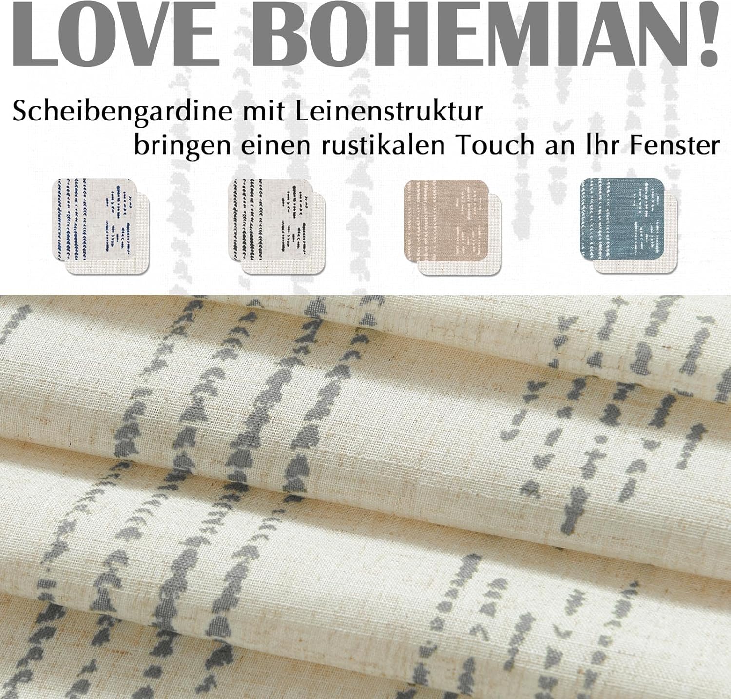 Thumbnail 1 de Vangao Scheibengardinen Modern Küche Boho gestreift (2er-Set) mit Stangendurchzug in Leinenoptik