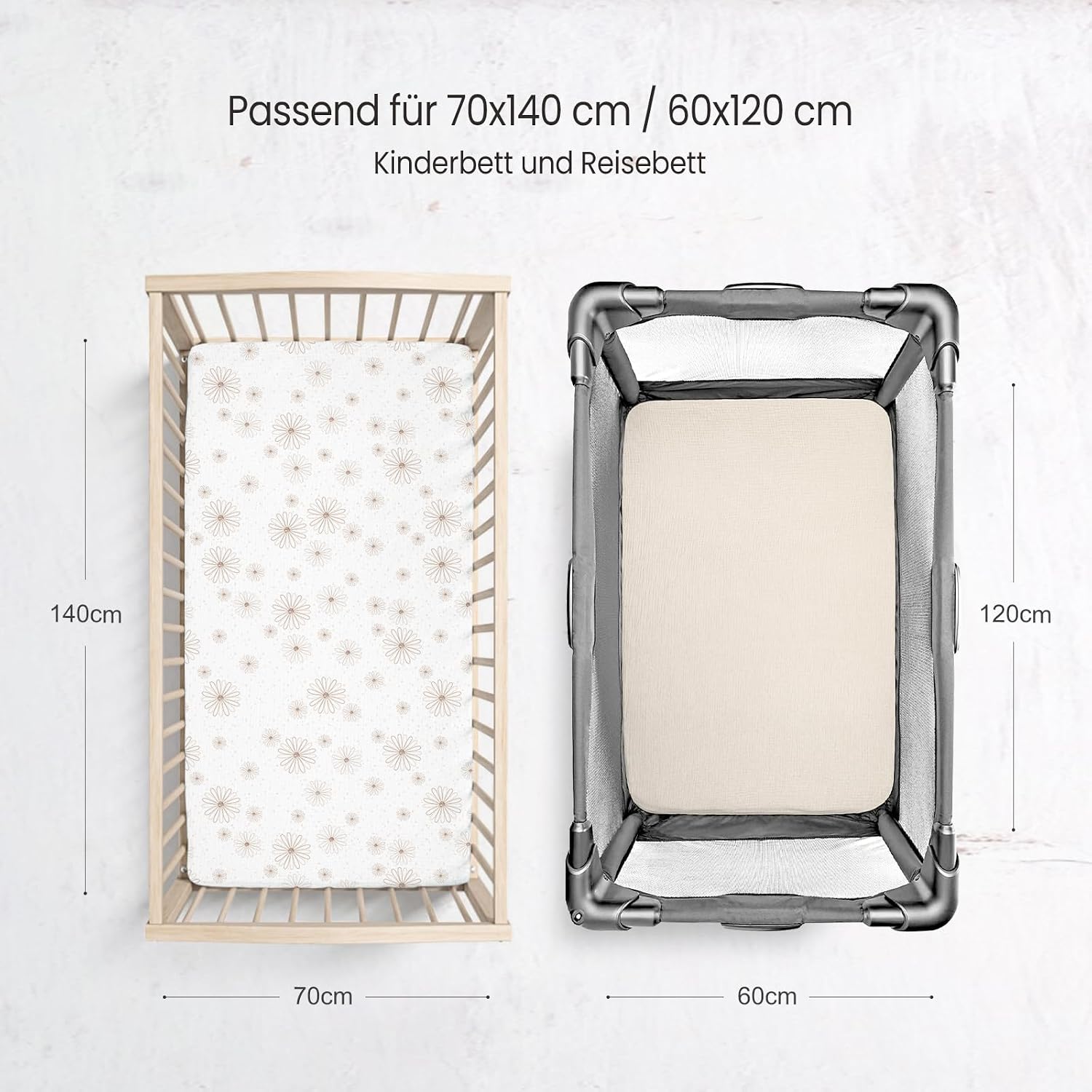 Detalle de lulumoon 2er Pack Musselin-Spannbettlaken für Babybett & Reisebett (60x120/70x140 cm) – Gänseblümchen Weiß