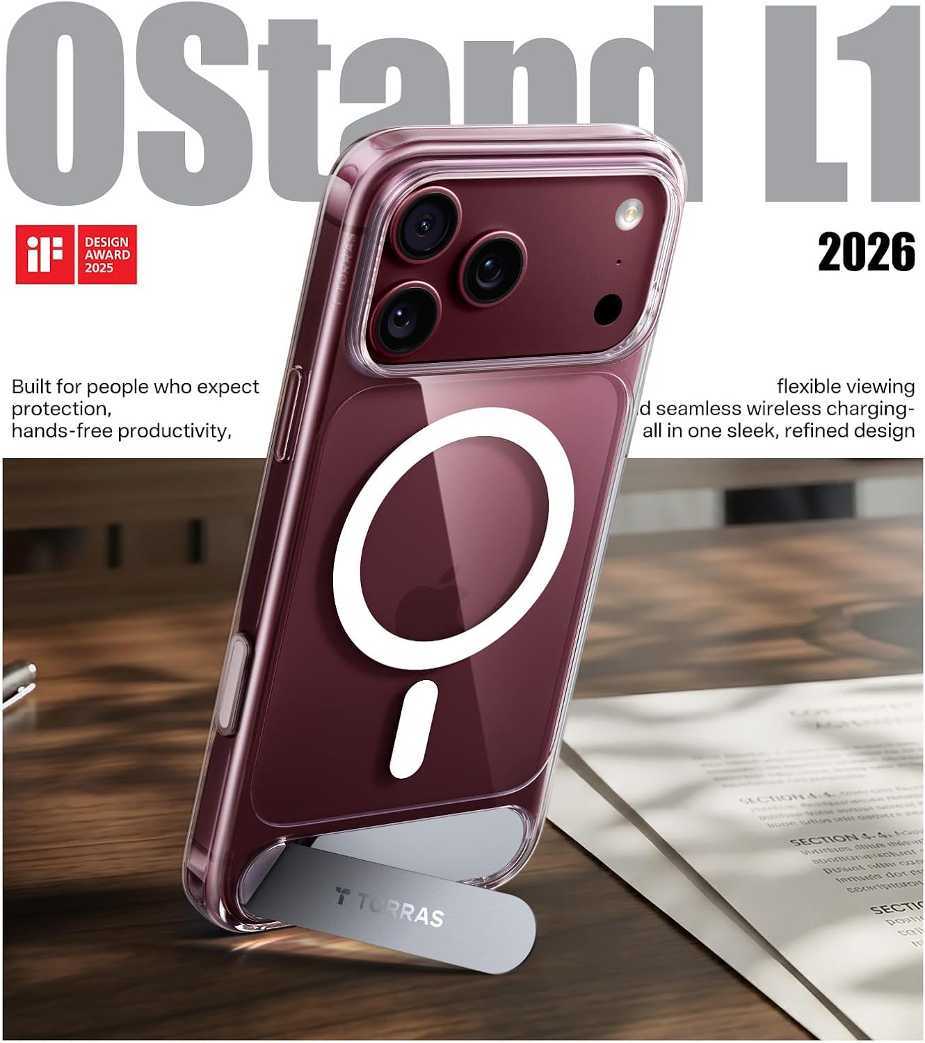 Detalle 2 de TORRAS Stronger Magnetic & Seamless Stand Case for iPhone 18 Pro Max, Clear