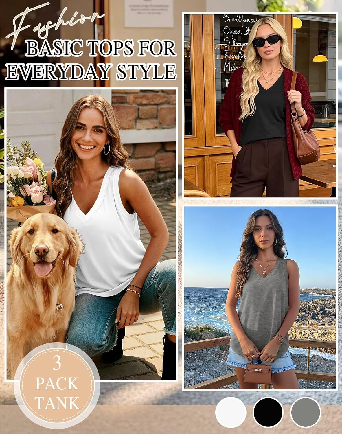 Detalle de KKJ 3 Pack Women's Tank Tops: 2026 Summer V-Neck Loose Fit Sleeveless Tees