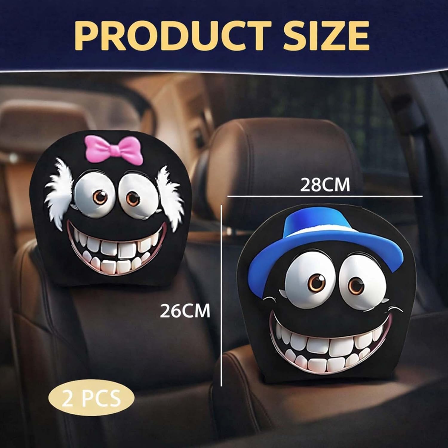 Detalle de Xiciki 4PCS Car Headrest Covers – Cartoon Eye Design, Elastic, Universal Fit (2 Pink, 2 Blue)