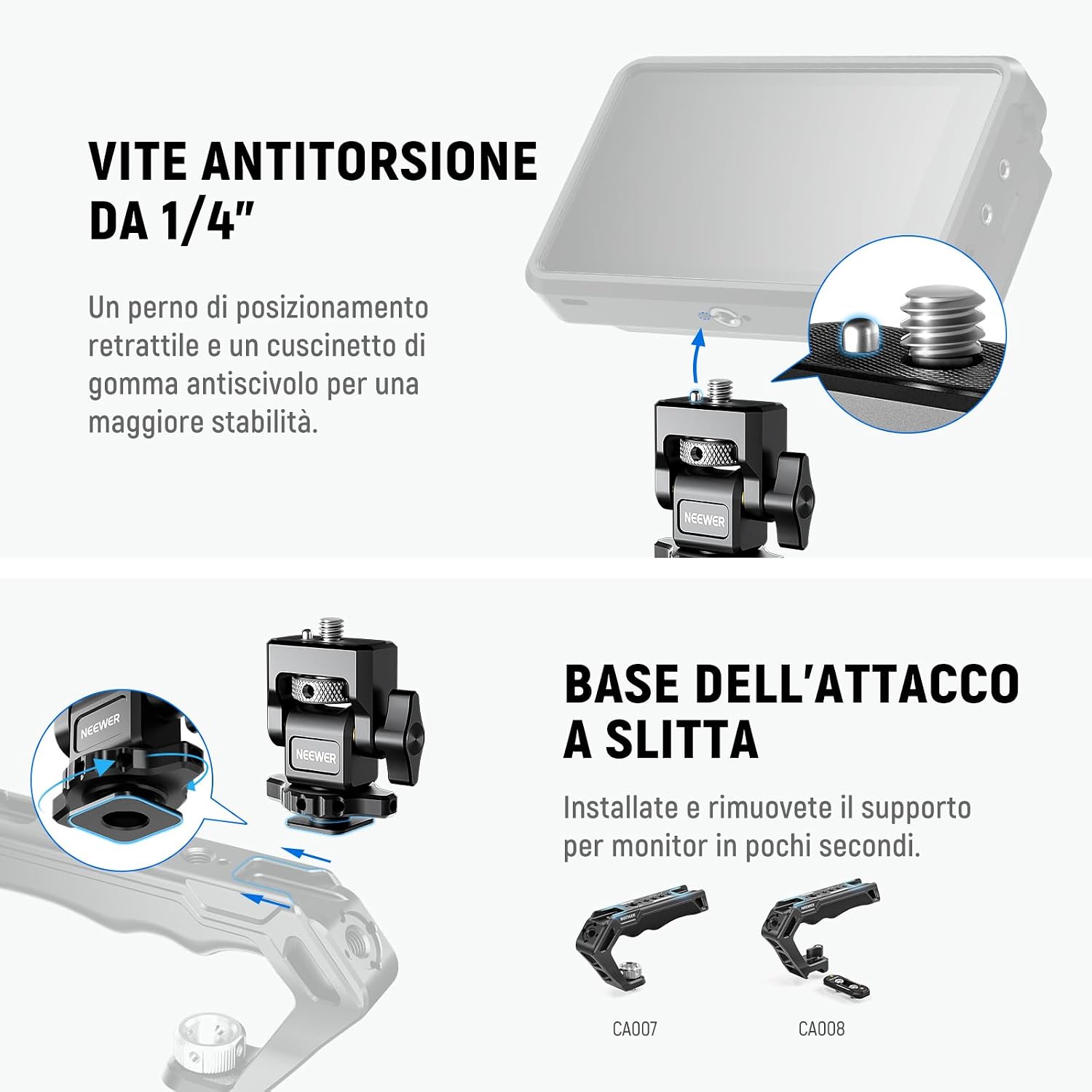 Detalle 2 de NEEWER Supporto per monitor fotocamera MA006 con cold shoe, rotazione 360° e inclinazione 180° (compatibile 5"-7" e Atomos Ninja V)