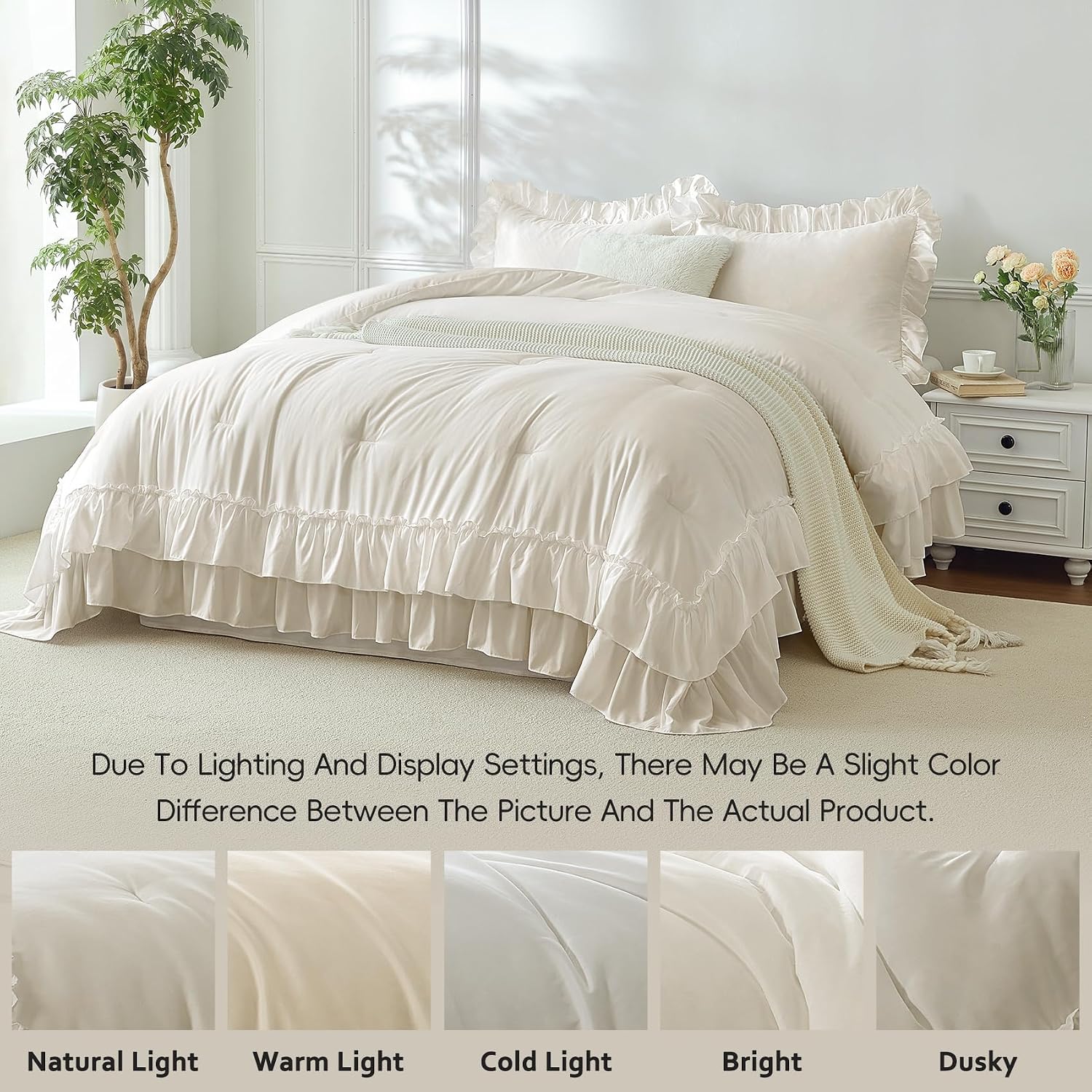 Detalle de HW&HL Beige Queen Ruffle Comforter Set, 3-Piece Polyester Microfiber Bedding