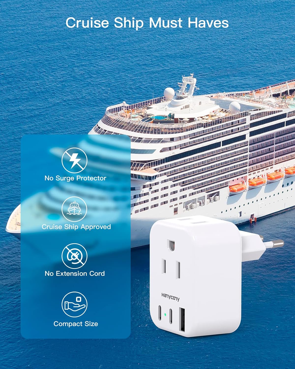 Detalle de HANYCONY European Travel Plug Adapter USB C – 2 Outlets, 3 USB Ports (2 USB-C), US to Europe Power Adapter