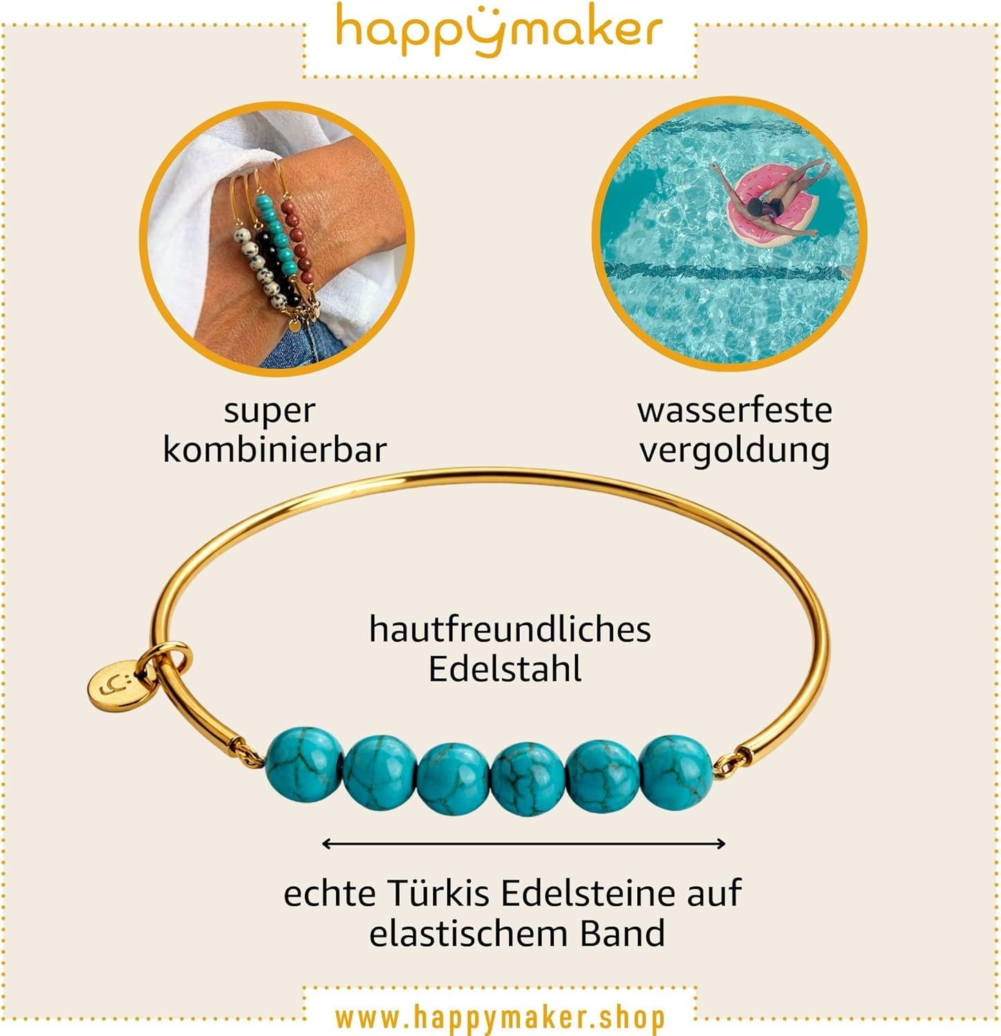 Thumbnail 5 de happymaker Edelstein Armreifen – elastischer Edelstahlarmreif mit Türkisperlen, handgefertigt in Deutschland