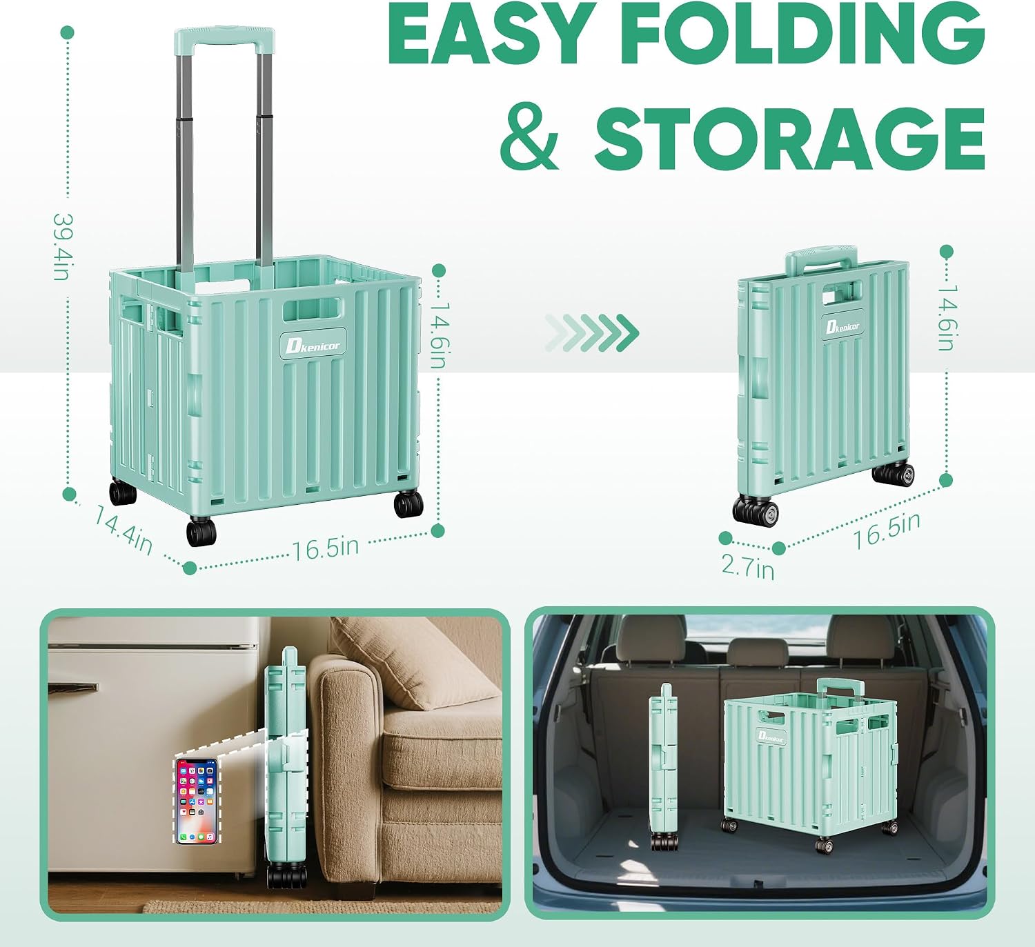Detalle 2 de Dkenicor Folding Utility Cart, Cyan, 65L with Telescoping Handle and Swivel Wheels
