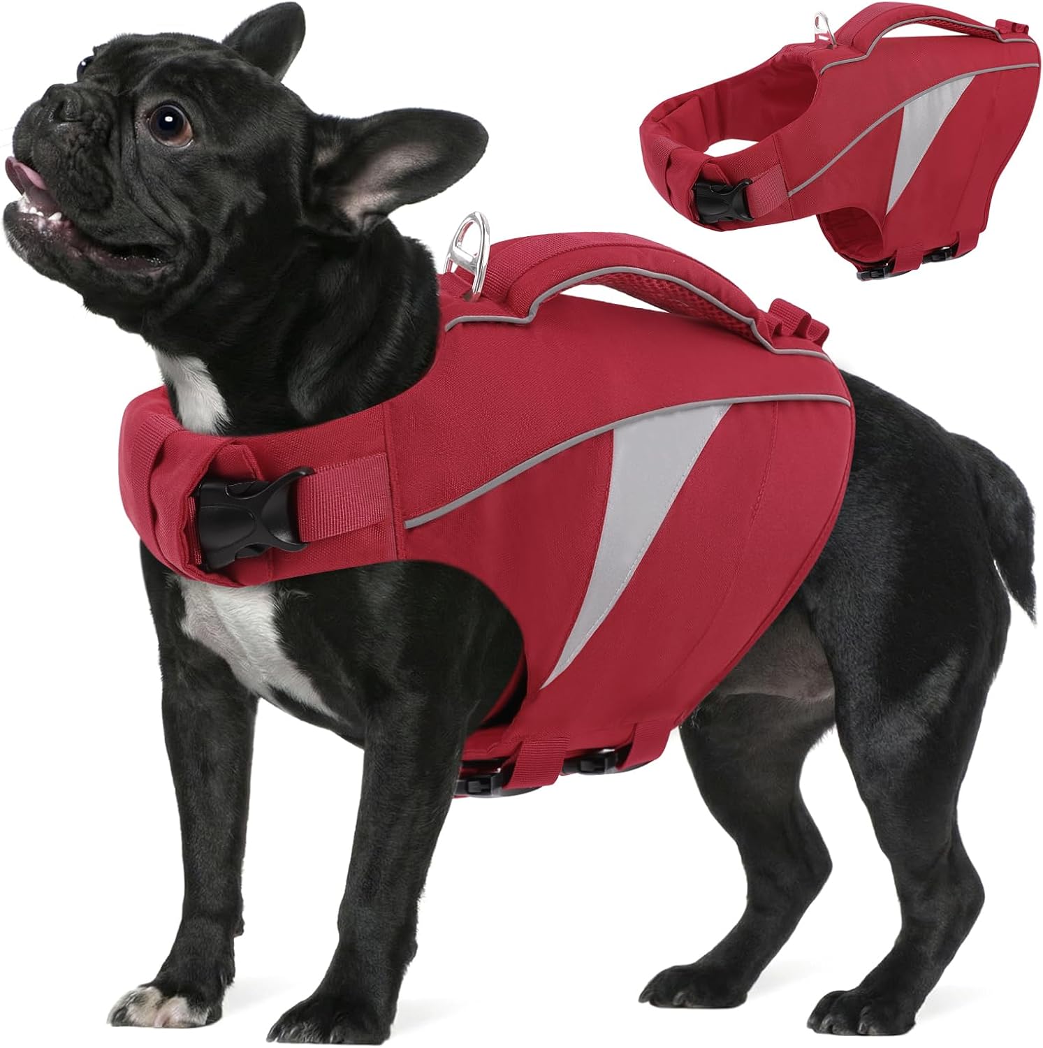 Detalle de PUZAUKAL Schwimmweste für Hunde mit Rettungsgriff – Verstellbare Rettungsweste XS (Rot) für kleine Hunde