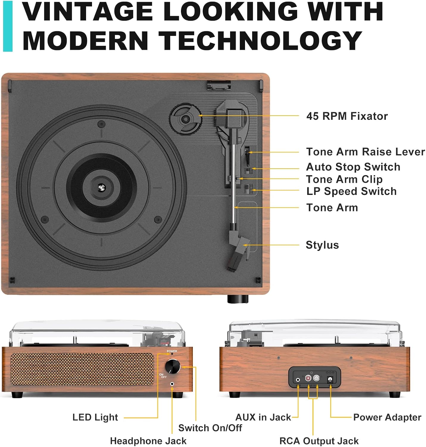 Detalle de Vinyl Record Player with Speakers: Vintage 3-Speed Belt-Driven Turntable with Bluetooth