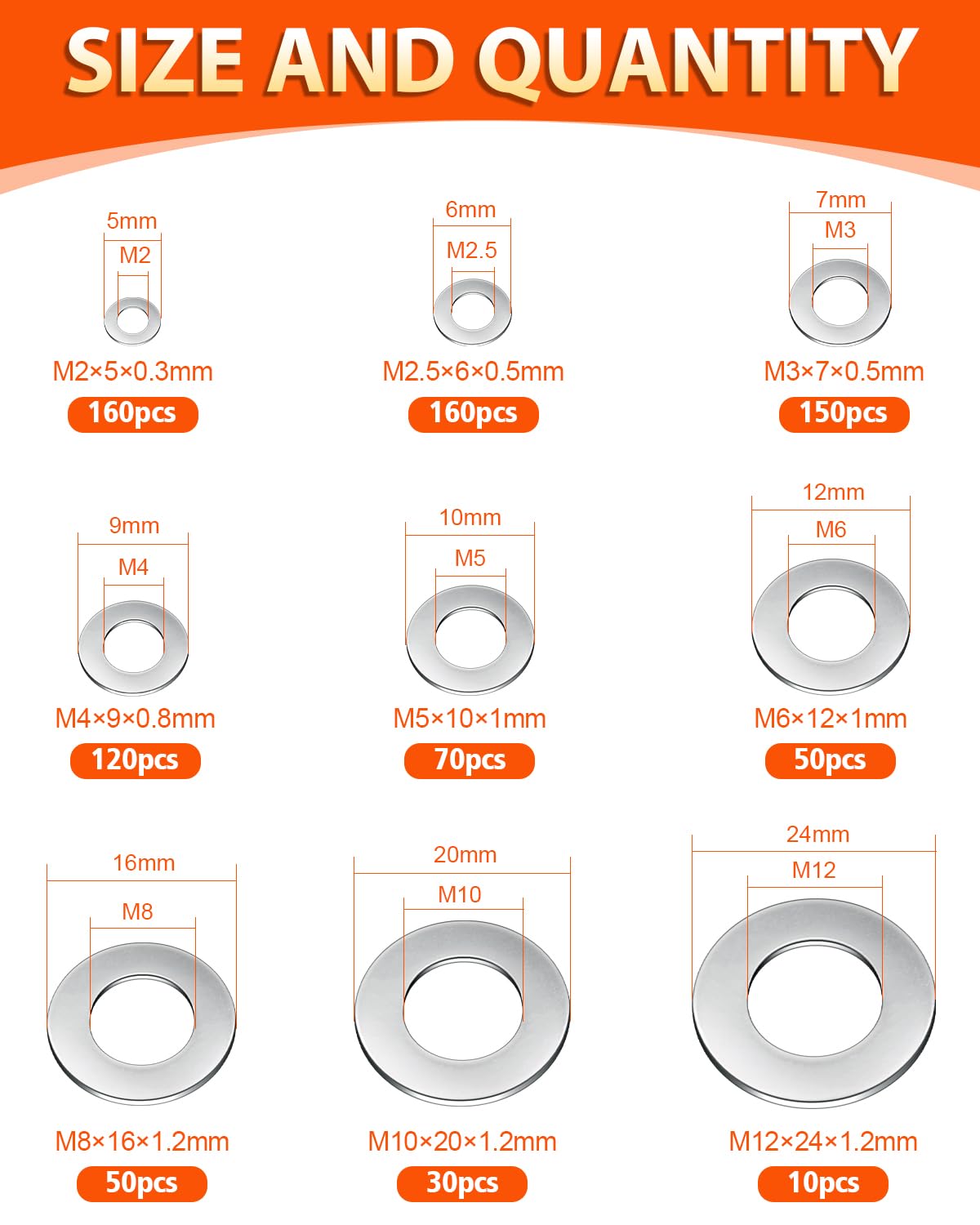 Thumbnail 1 de Jeboler Unterlegscheiben-Set (800 Stück) aus Edelstahl A2/V2A für Schrauben & Bolzen M2 bis M12