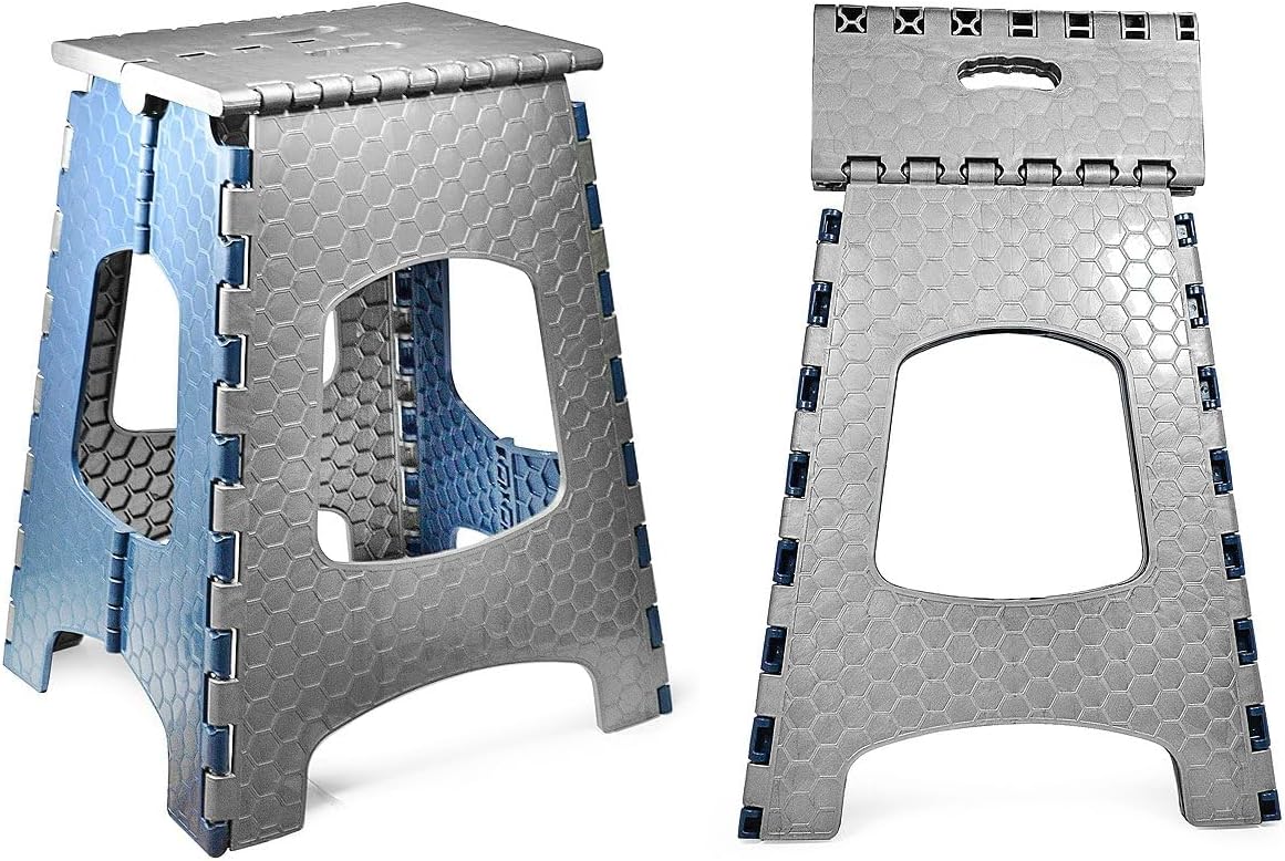 Detalle de STARK sgabello pieghevole bambini e adulti, 44 cm, grigio e blu, portata fino a 120 kg