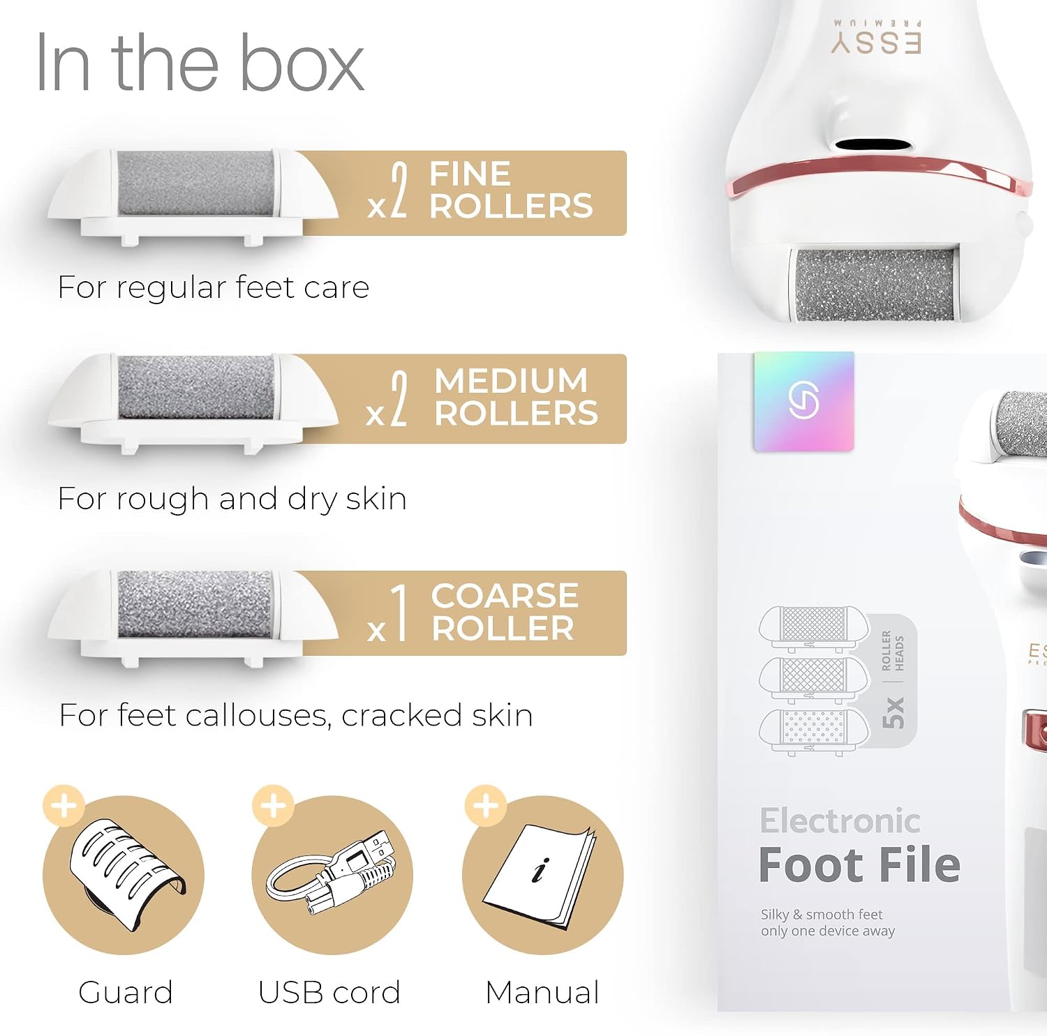 Thumbnail 3 de Essy Electric Foot File Rechargeable with 5 Replacement Rollers (White) — USB Charging, 2 Speeds and Waterproof